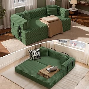 Convertible Coarser Corduroy Sleeper Sofa Bed with Cylindrical Pillow Folding Mattress Couch with Fixed-Shape Frame Floor Sofa Lounge