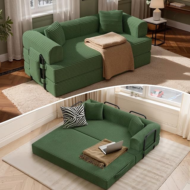 Convertible Coarser Corduroy Sleeper Sofa Bed with Cylindrical Pillow Folding Mattress Couch with Fixed-Shape Frame Floor Sofa Lounge