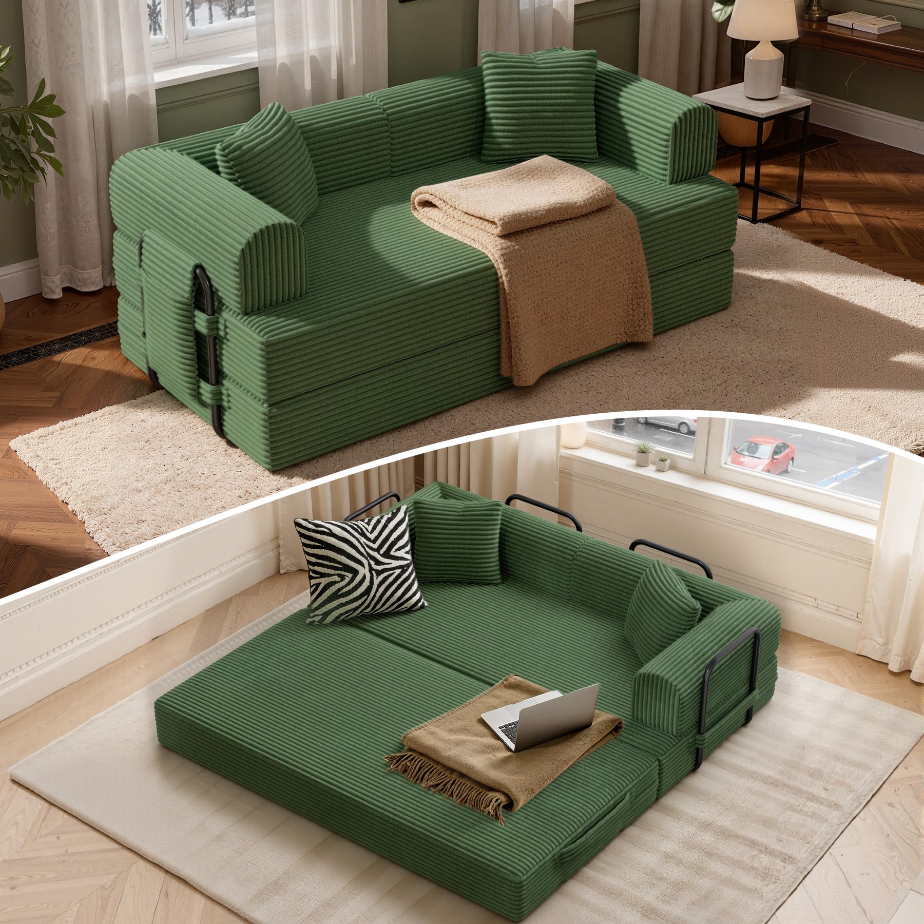 Convertible Coarser Corduroy Sleeper Sofa Bed with Cylindrical Pillow Folding Mattress Couch with Fixed-Shape Frame Floor Sofa Lounge