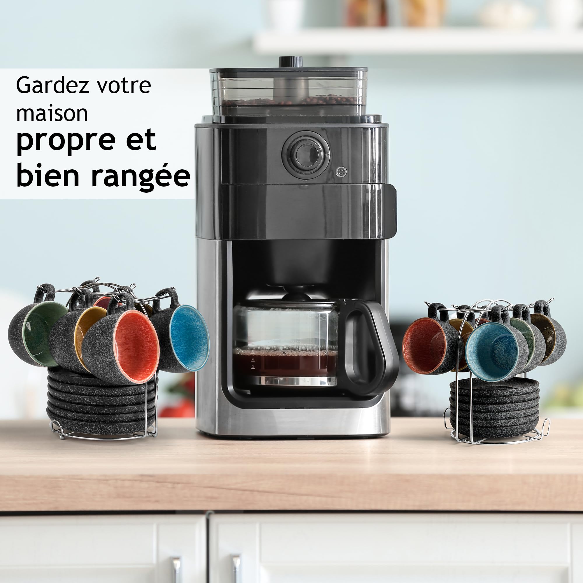 MIAMIO - Tasses à cappuccino empilables en céramique de 190 ml avec soucoupes et support en métal - Ensemble de 6, spéciaux Americano Latte Café Mocha et thé - Collection Las Palmitas