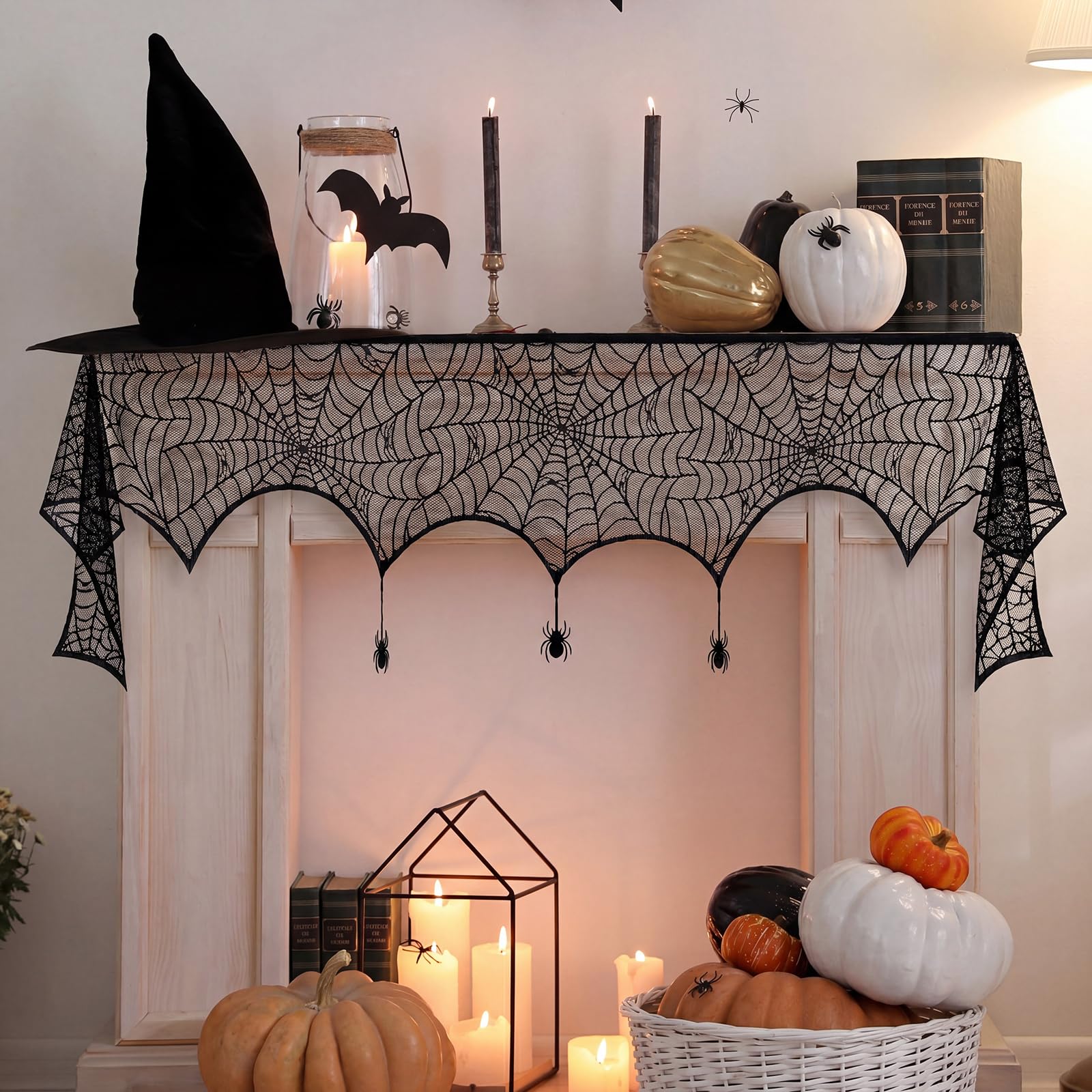 Zosutetoxo Halloween Spider Web Black Lace Fireplace Runner