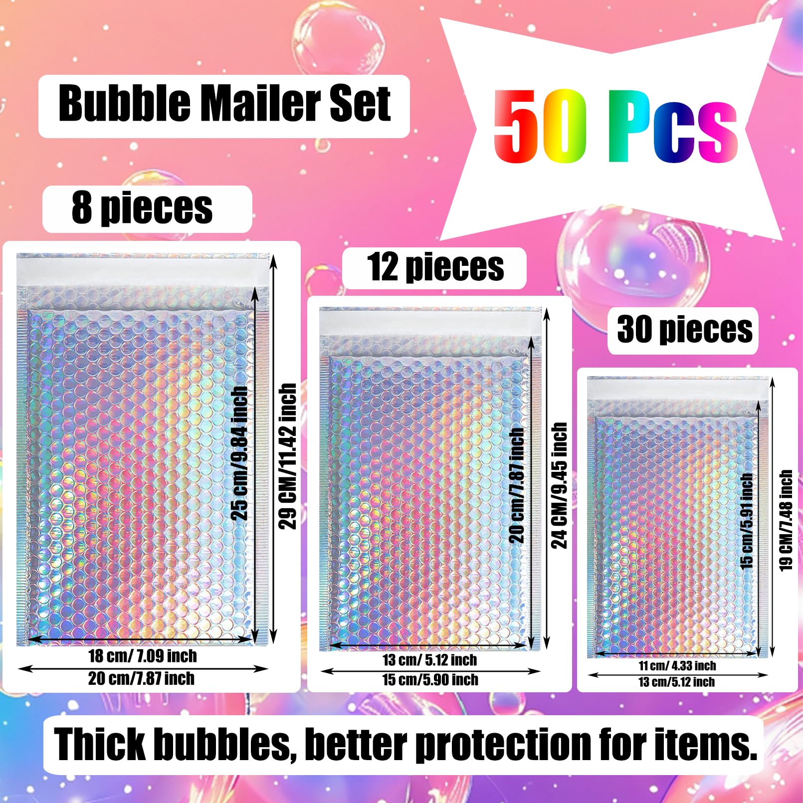 50 Stück metallische Luftpolsterumschläge, Poly-gepolsterte Umschläge, holografische Luftpolster-Versandtaschen, wasserdichte Versandtaschen, selbstklebende Folie, Glitzer,