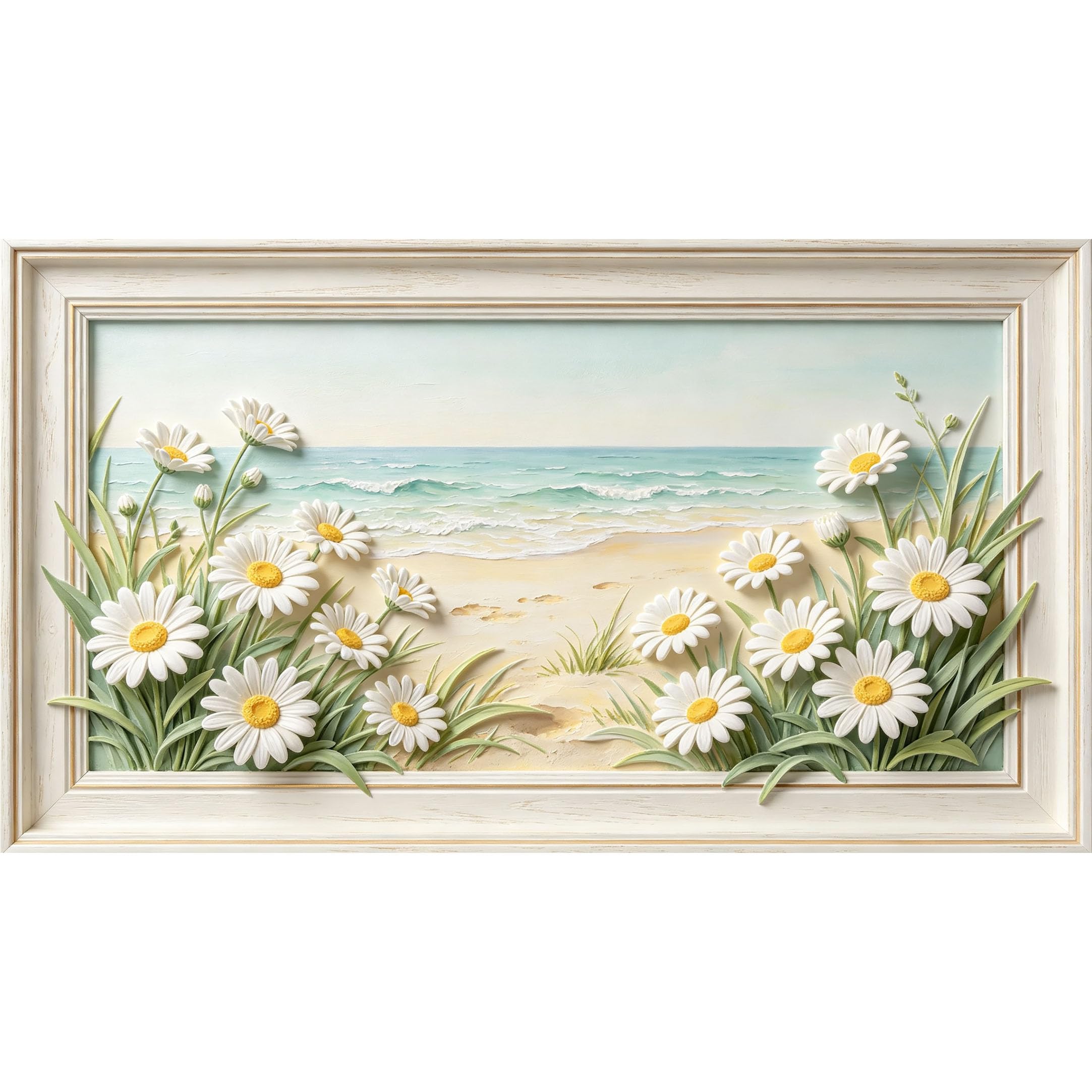 QZLITHOTIC 50×90cm3D Framed Wall Art， Coastal Daisy Beach Landscape Self?Adhesive Mural， Water?Activated Peel & Stick Fabric Decor Wall Decal for Bedroom Living Room