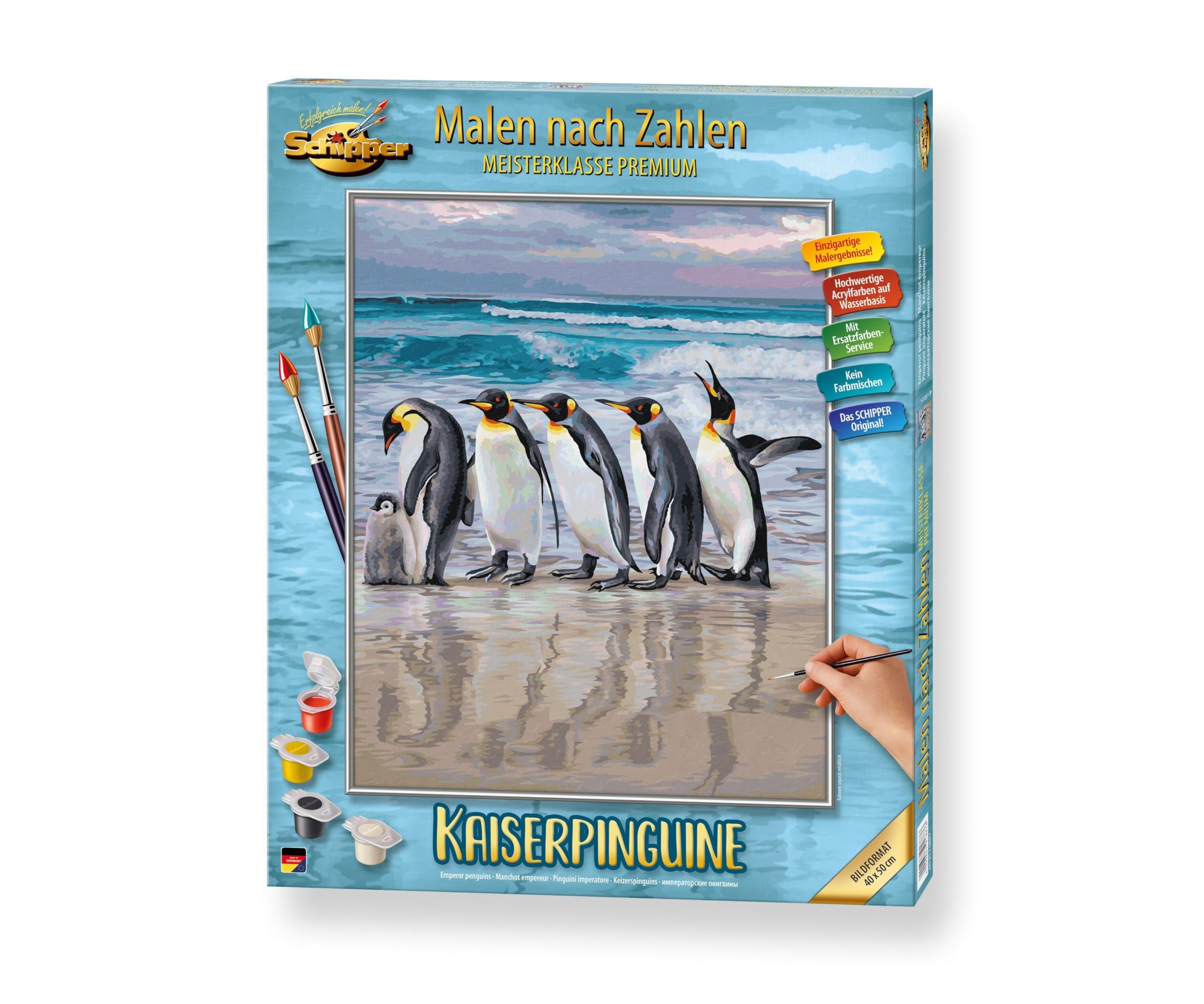 Schipper 609130887 Malowanie według numerów – pingwiny cesarskie – obrazy dla dorosłych, łącznie z pędzlem i farbami akrylowymi, 40 x 50 cm