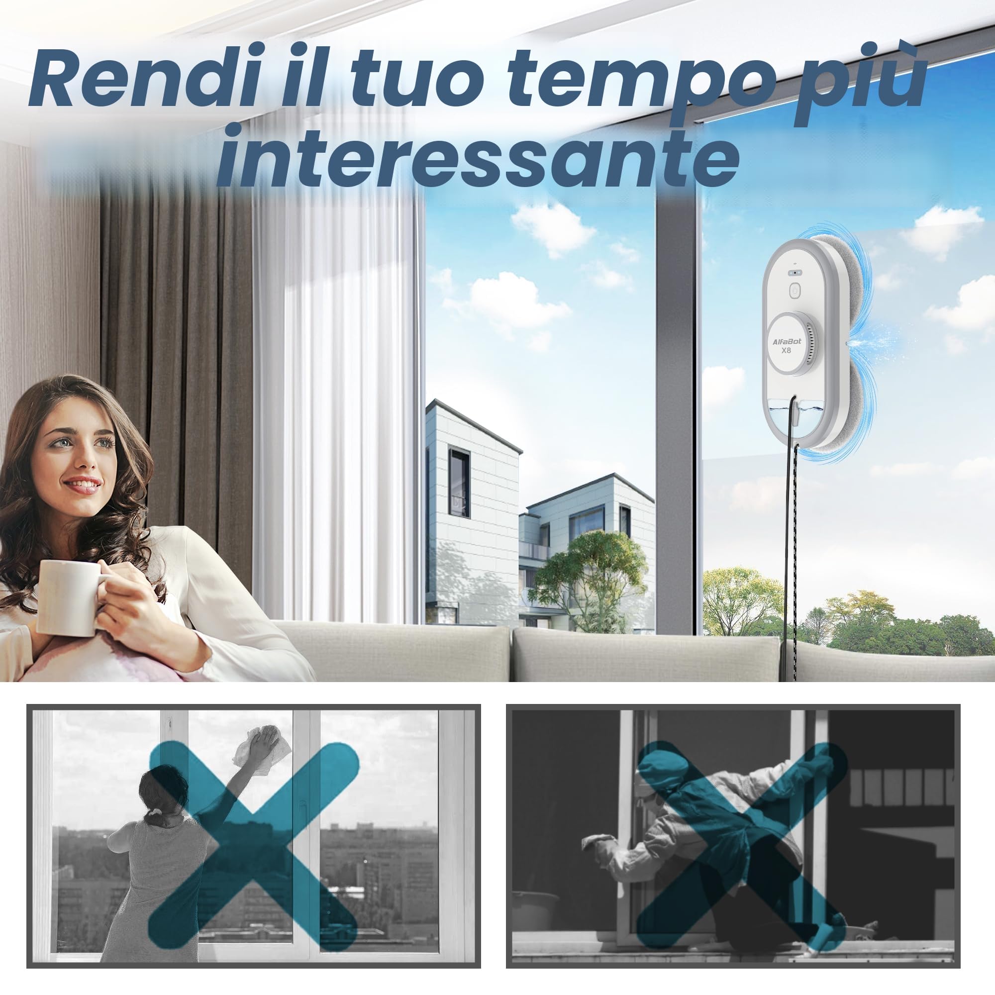 AlfaBot X8 Robot Lavavetri Elettrico Intelligente, Pulizia Automatica con Spray Bidirezionale, Serbatoio 50ml, Aspirazione 4980PA, Anticaduta, per Finestre, Specchi e Superfici Vetrate