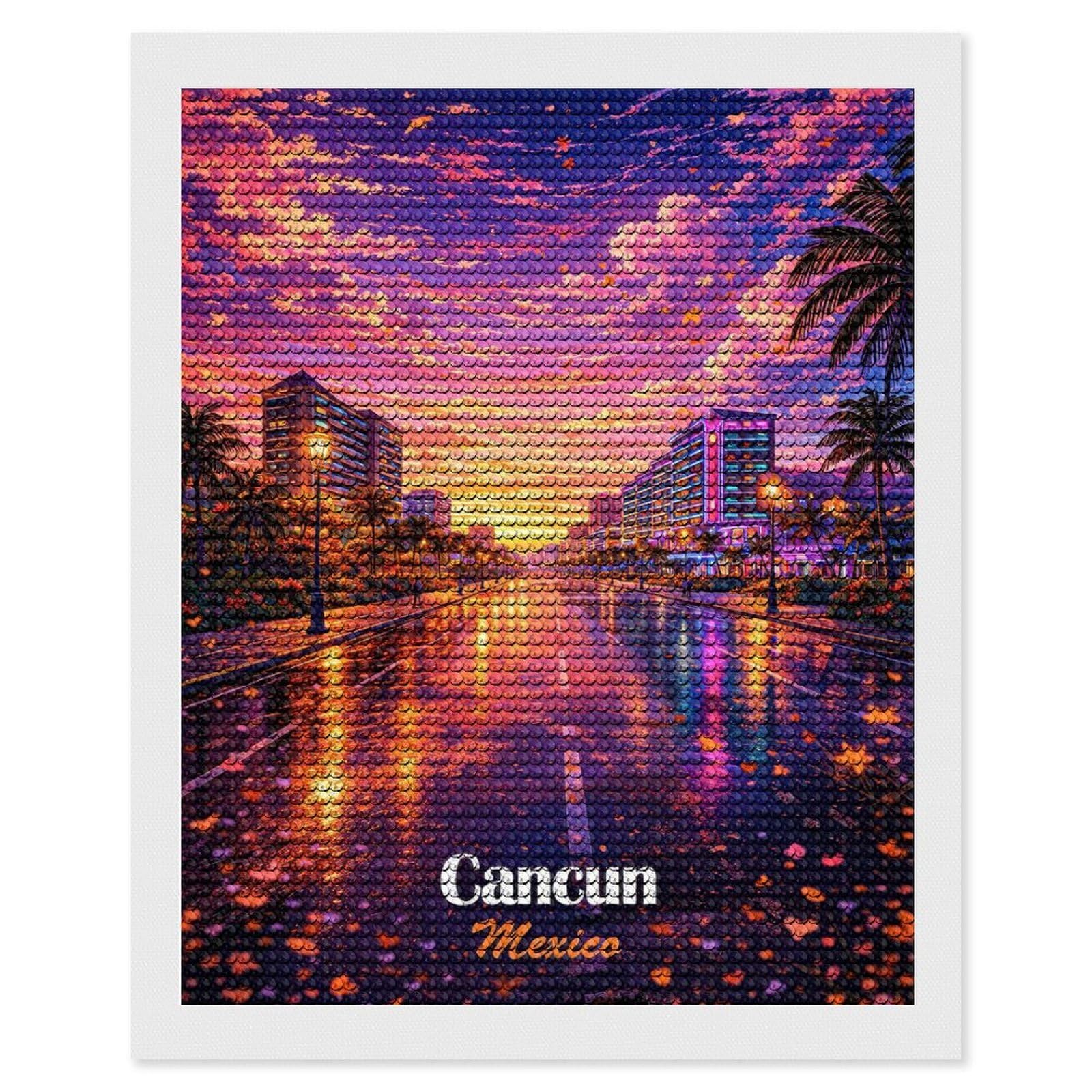 Junmoney Cancun Mexico Sunset Street Scene Full Drill Diamond Painting Kit 16"x20", Sparkling Round Gems, Decorate Your Room, Mindful Craft Activity