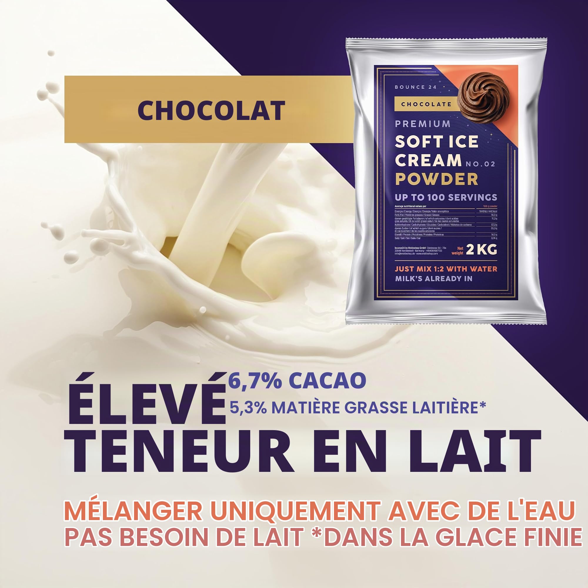 Bounce24 Préparation Glace Italienne Chocolat 2 kg en Poudre 100 Boules | Avec 20% de cacao et lait entier en poudre, juste de l'eau, crémeux comme chez le glacier, jusqu'à 100 portions