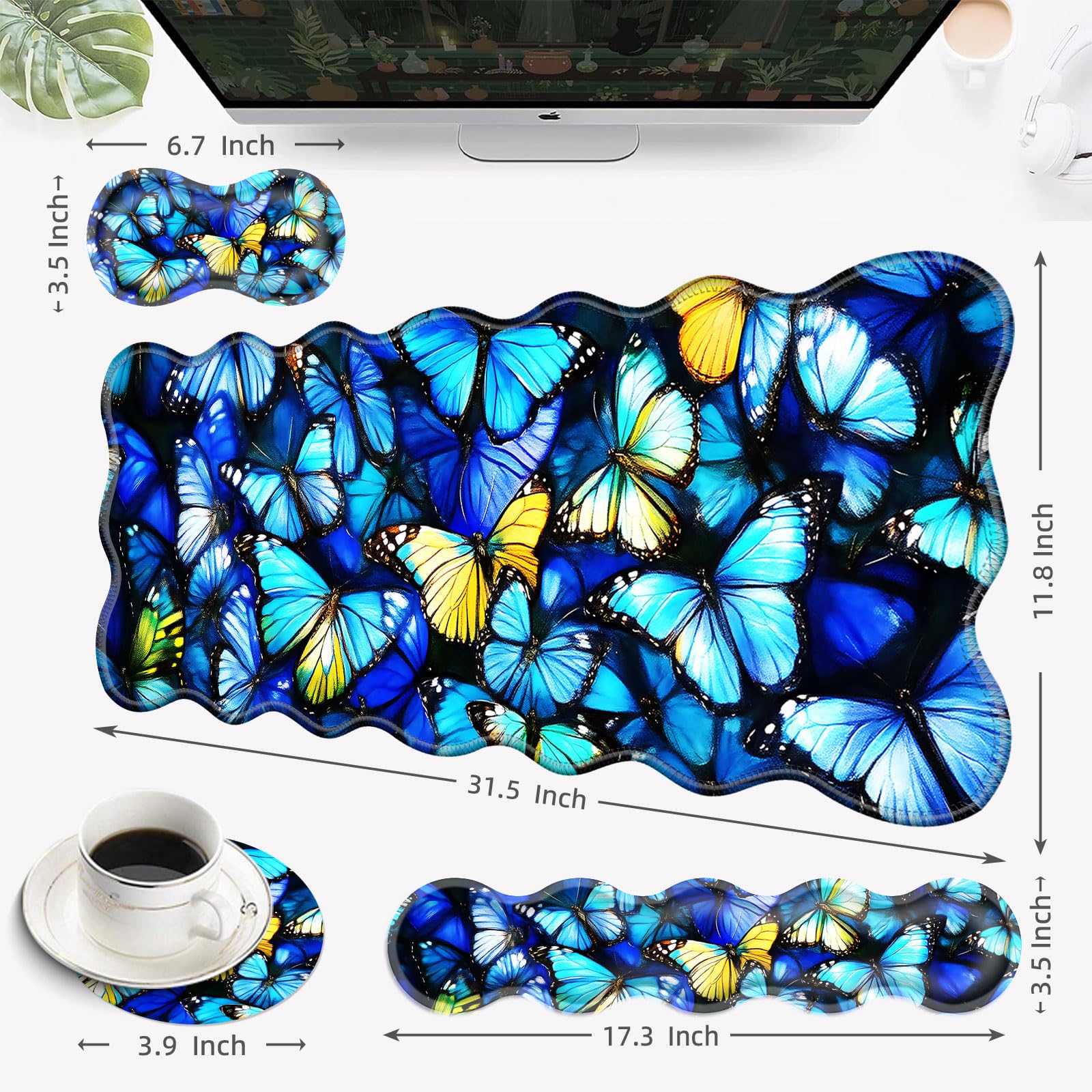 Tapis de souris 4 en 1 avec repose-poignet, tapis de souris ergonomique et repose-poignet pour bureau, motif papillons colorés