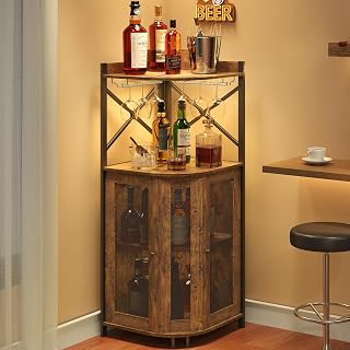 JKsmart Rustic Brown Corner Wine Bar Cabinet with LED Lights, Glass Holder & 4-Tier Storage – Farmhouse Liquor Coffee Bar for Small Spaces