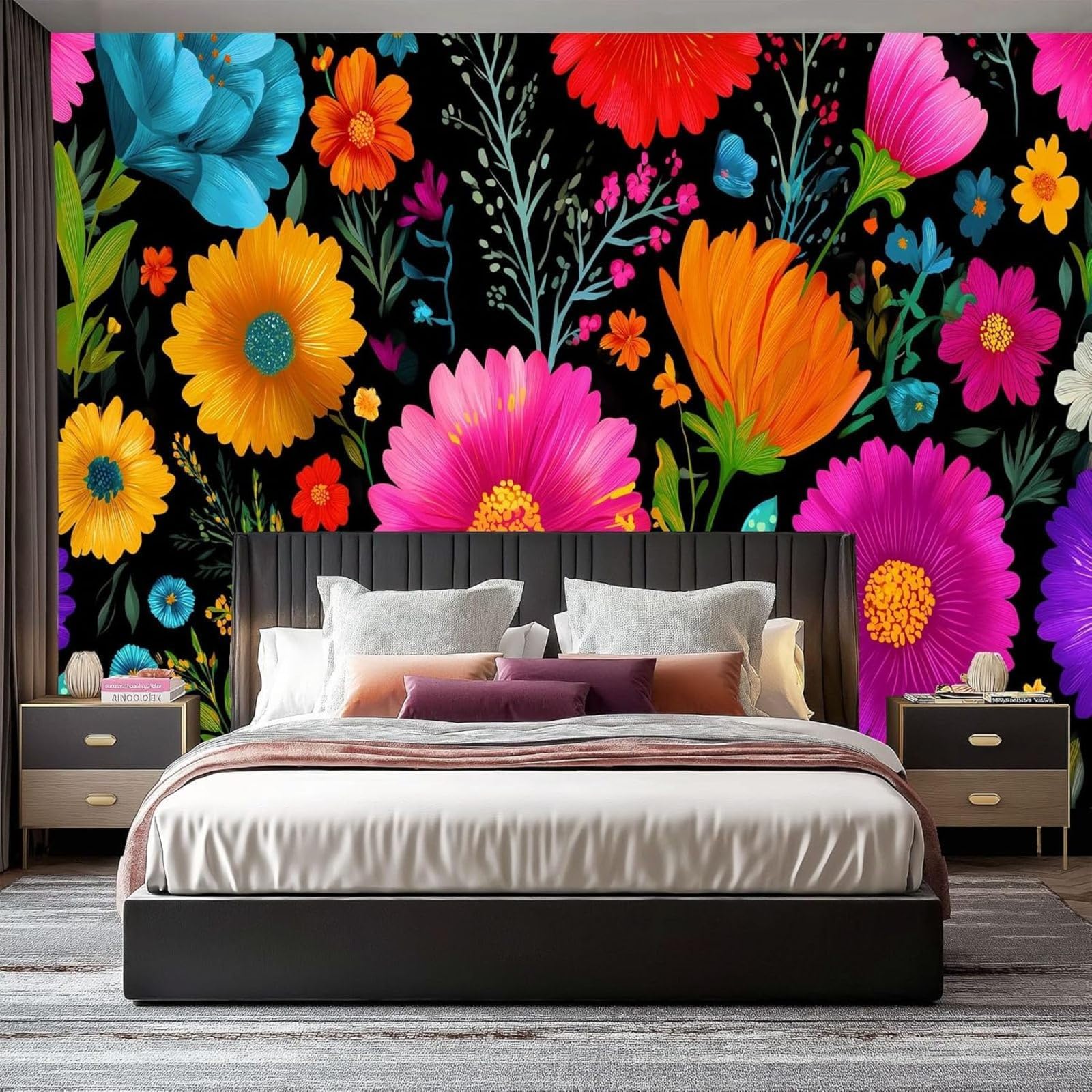 Non-woven wallpaper, photo wallpaper, country style, 3D effect wall mural, cartoon flowers, modern wall for living room, bedroom, office, hallway, multicolor, 300cm x 210cm, stickers - frameless paint