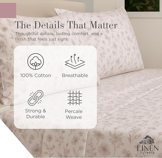 Linen Home 100% Cotton Printed Percale Sheet Set King Size, Mauve Botanical
