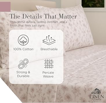 Linen Home 100% Cotton Printed Percale Sheet Set King Size, Mauve Botanical