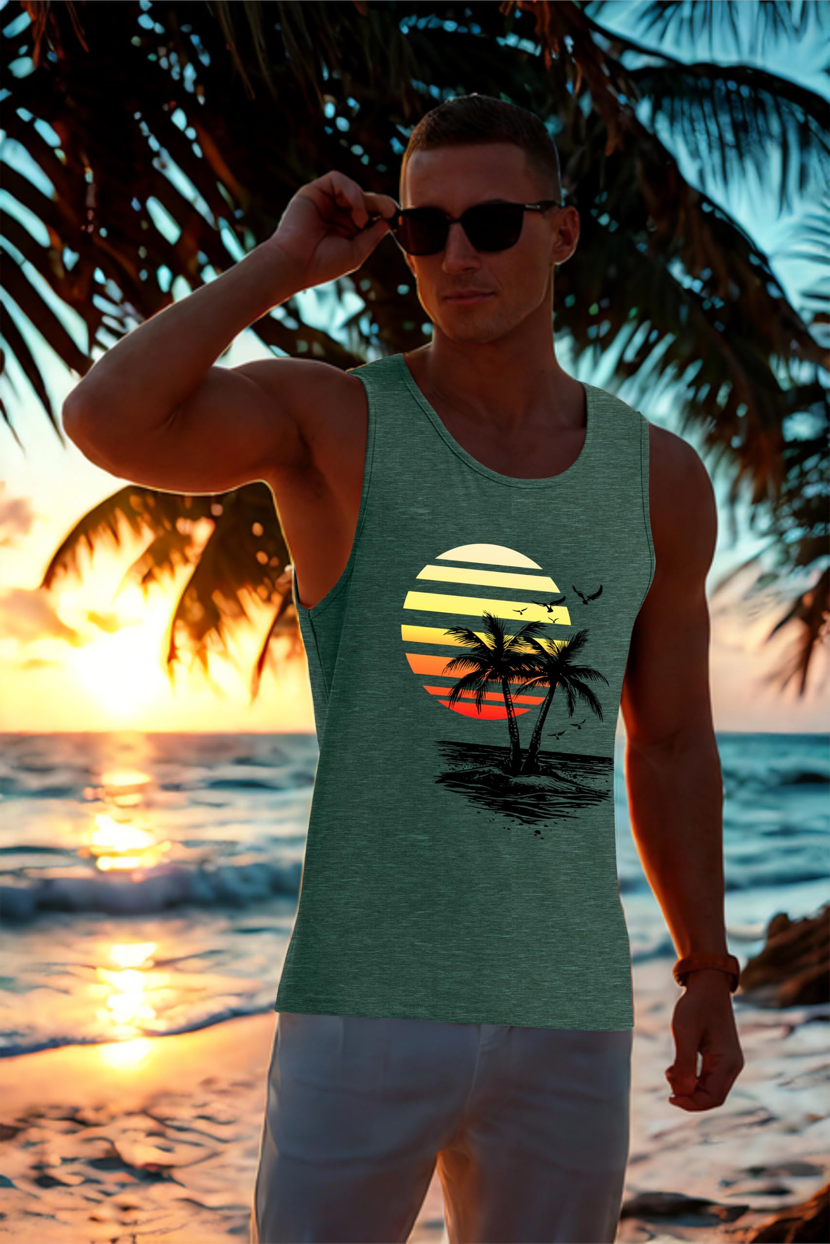 IWOLLENCE Chaleco de algodón para hombre, estampado hawaiano, cuello redondo, playa, vacaciones, casual, sin mangas, para hombre