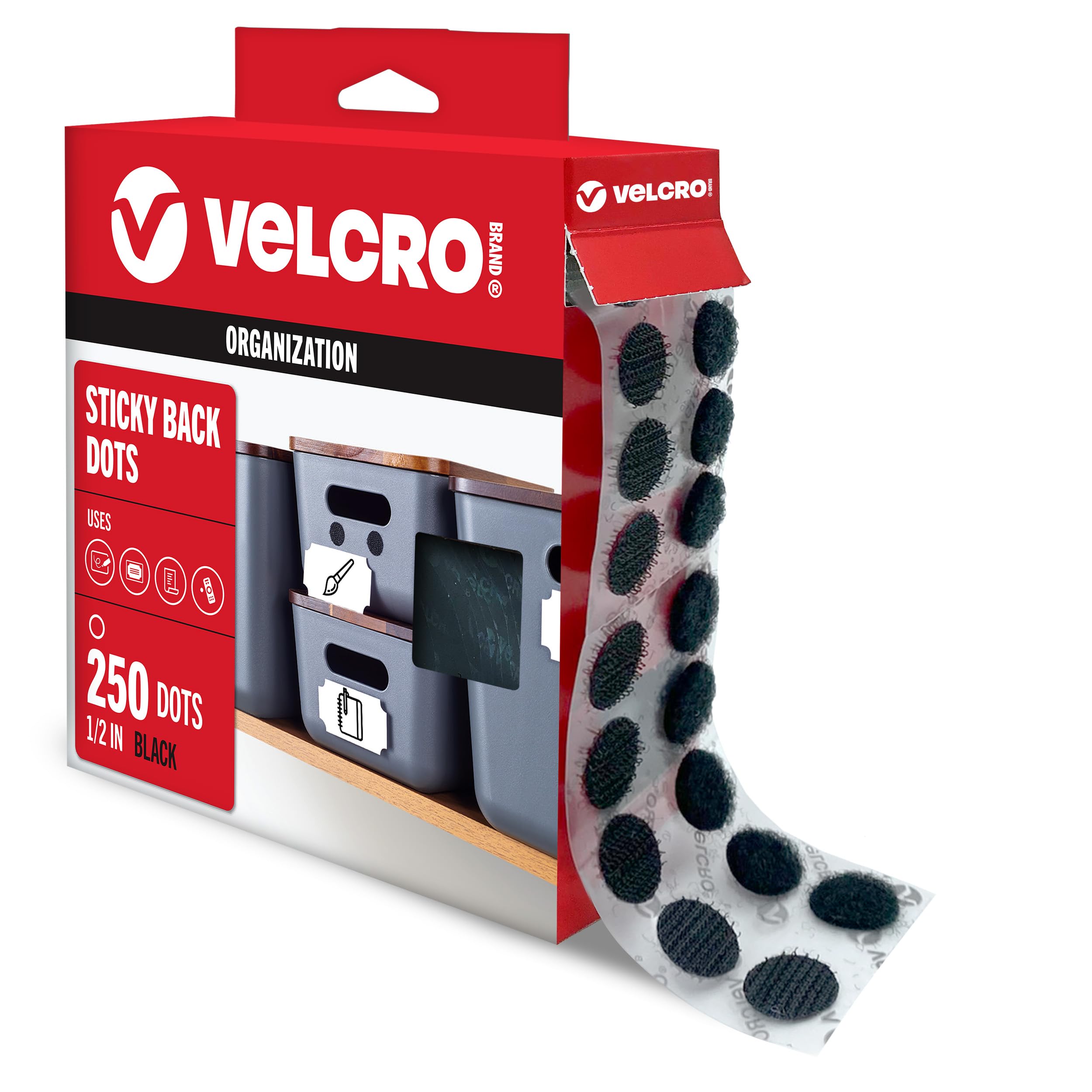 VELCRO Brand Dots with Adhesive, Black, Small 1/2 in Circles, 250 Pk