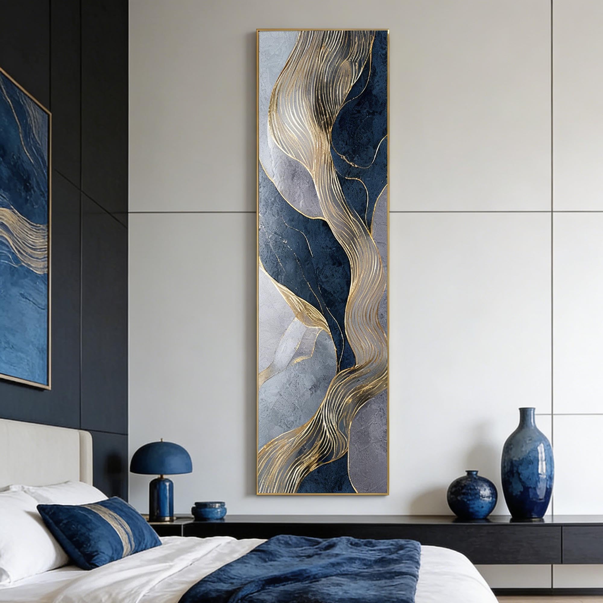 CAOXTART Tall Narrow Gold Leaf Oil Painting, Large Abstract Textured Blue Wall Pictures, Vertical Luxury Living Room Wall Art(45x135cm/Internal Frame)