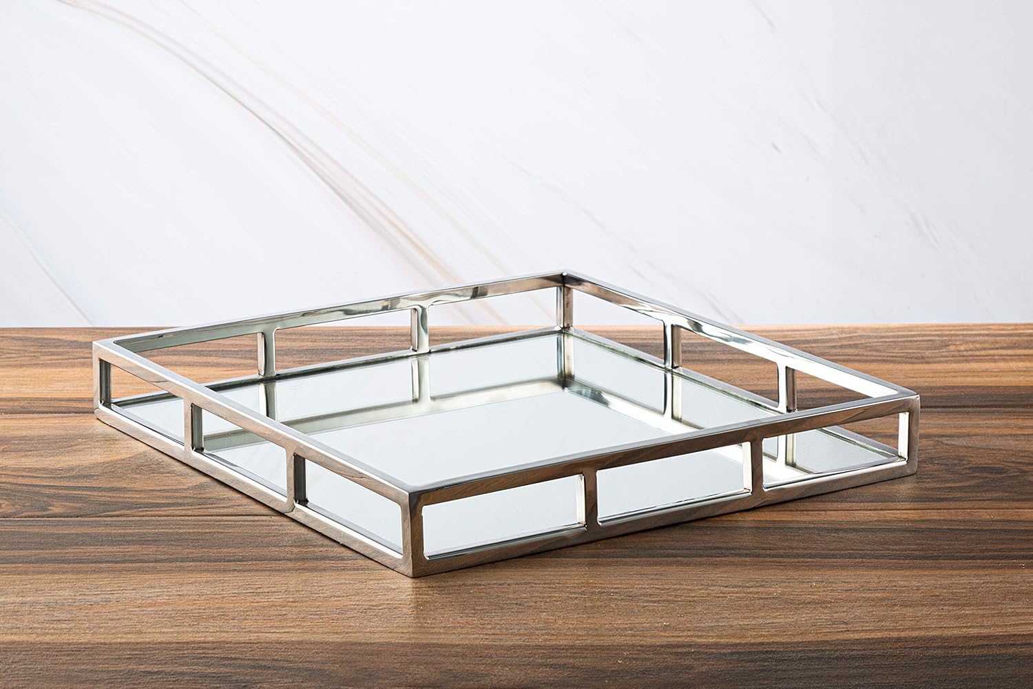 Square Mirror Tray with Mirror Base, Silver Color-Measures: 15.75" L