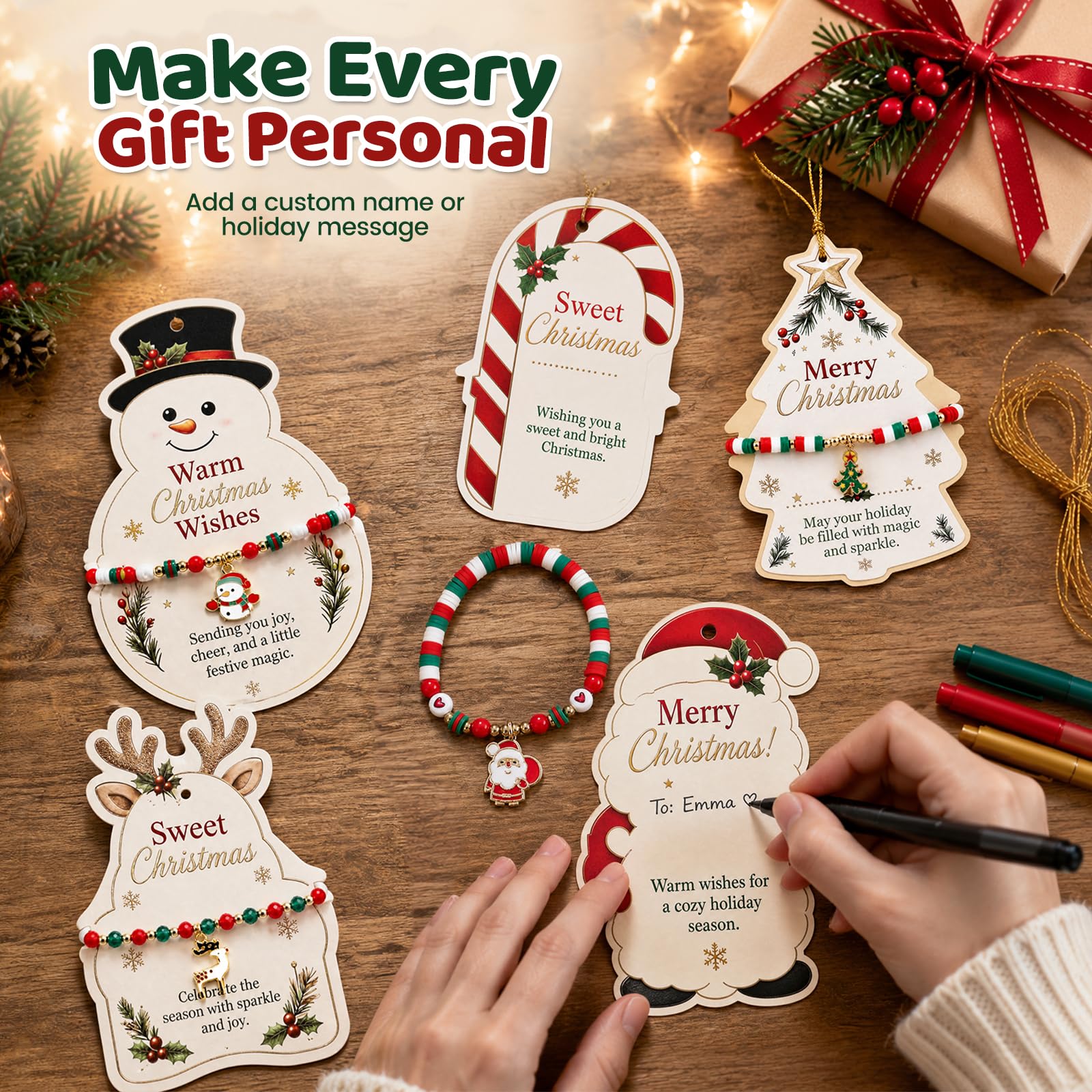LovesTown 6PCS Christmas Bracelets with Wish Cards, Beaded Charm Gift Set