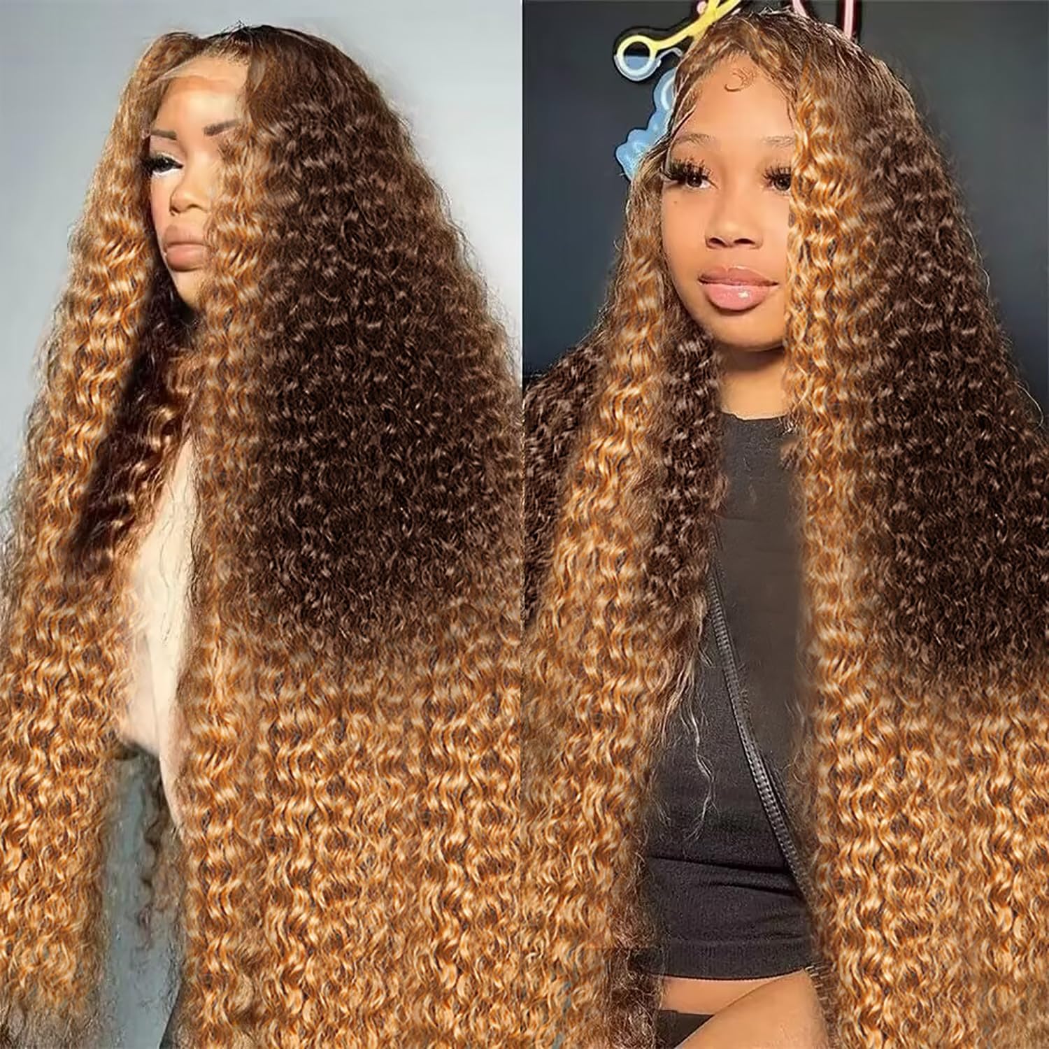 MEGOOD 250% Density 13x6 Highlight Ombre Lace Front Wig Human Hair 13x6 HD Honey Blonde 4/27 Curly Wig Human Hair Pre Plucked Deep Wave Lace Front