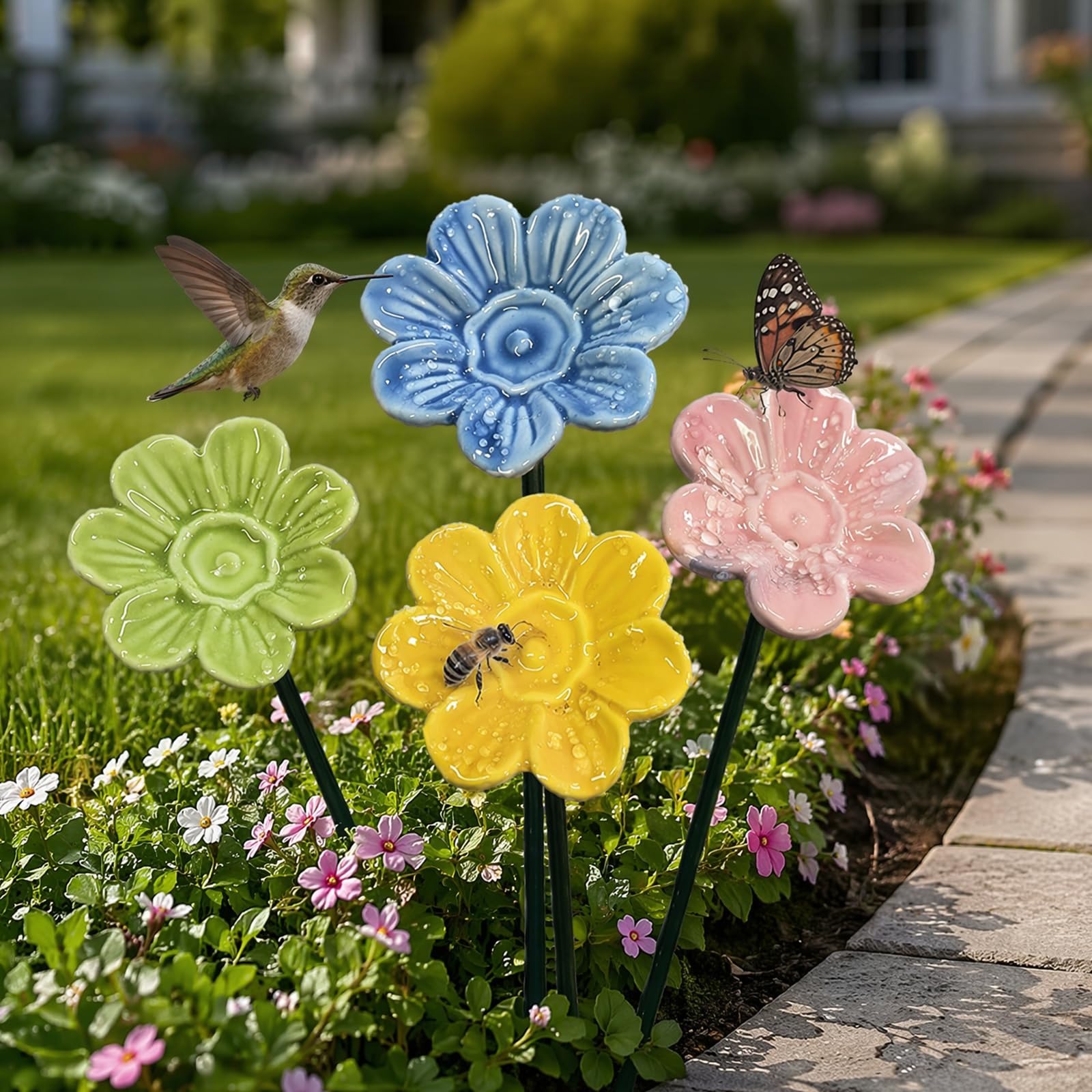 Handmade Ceramic Mini Pollinator Watering Station | Colorful Flower Bee Water Feeder & Butterfly Bird Bath, Small Outdoor Garden Stakes Yard Art Decor for Patio Lawn Balcony