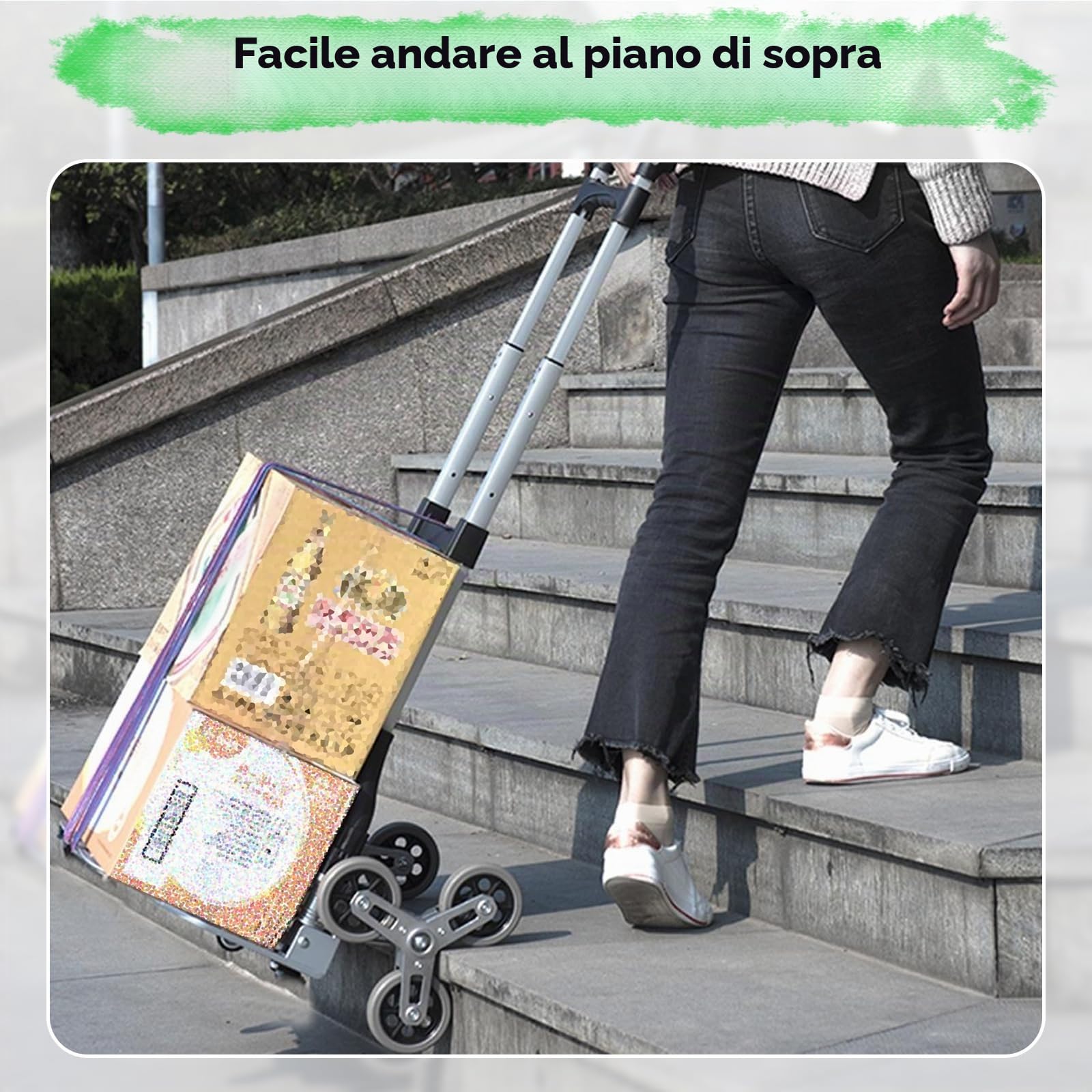 Carrello Saliscale Pieghevole, per Salire le Scale, Traslocare, Trasportare | Con Quattro Ruote Piccole Universali Girevoli a 360° e 2 Ruote di Cristallo, Maniglia Regolabile Fino a 100 kg