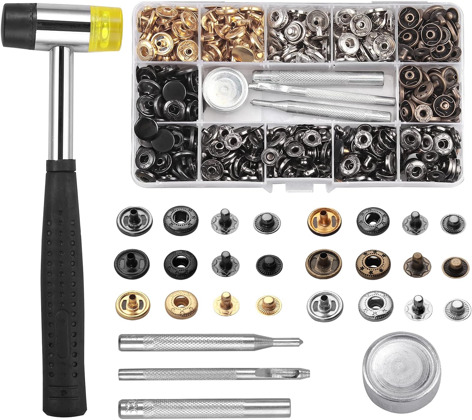 Kamtop 150 Sets Leather Rivets Double Cap Rivets, 6 Colors Metal Snap Buttons Press Studs with Hammer and 4 Pcs Fixing Tool Kit, Snap Fasteners Kit for Clothing, Sewing, Crafts Repairs Decoration