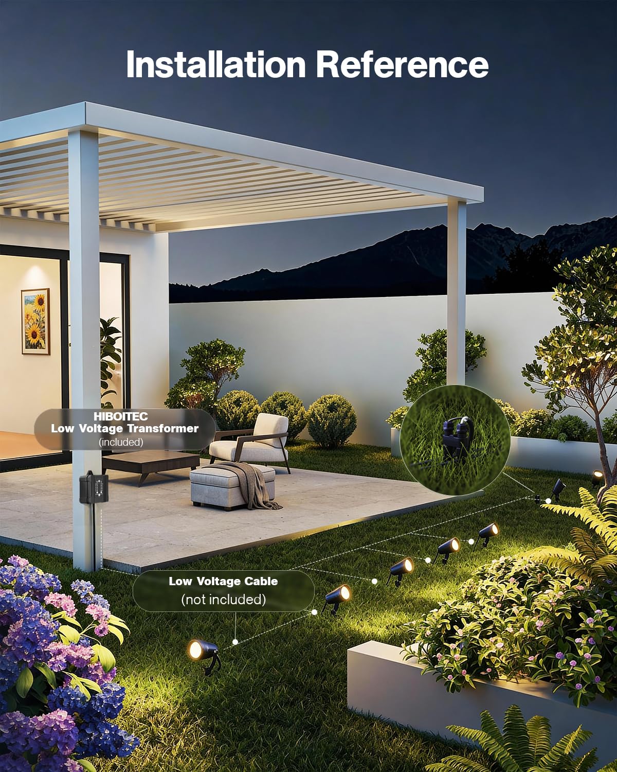 HIBOITEC Low Voltage Landscape Lighting 12W with Connectors 100W Transformer Photocell Sensor and Timer Spotlights Landscape Lights Kit IP65 Waterproof 2900K for House Yard Trees 8 Packs