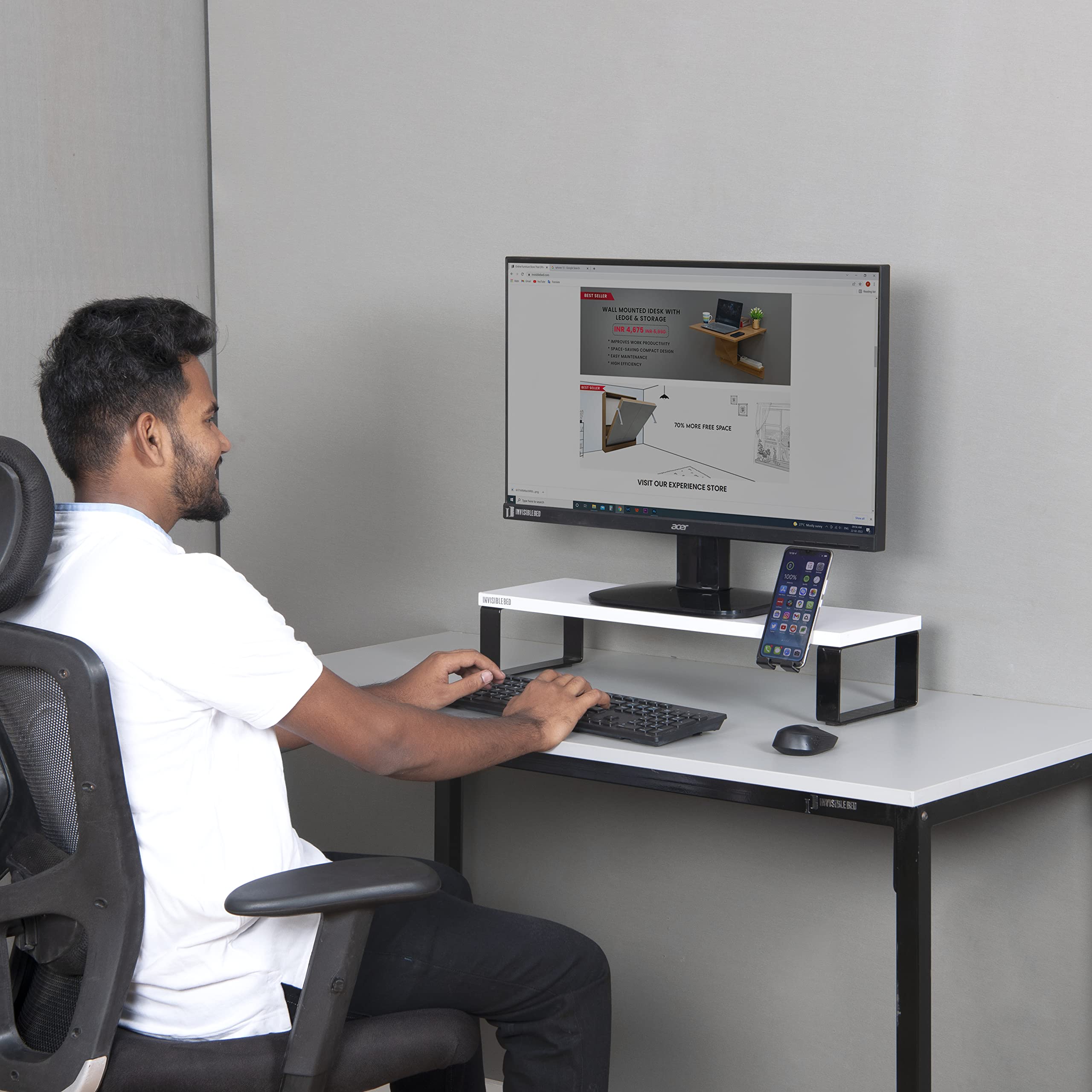 INVISIBLE BED Sturdy HeavyDuty Monitor Riser Stand with Phone Holder,Laptop Holder,Book Shelf (59.5 x 21 x 12 cm; Glossy White) (B09TKC2QN1) Amazon Price History, Amazon Price Tracker