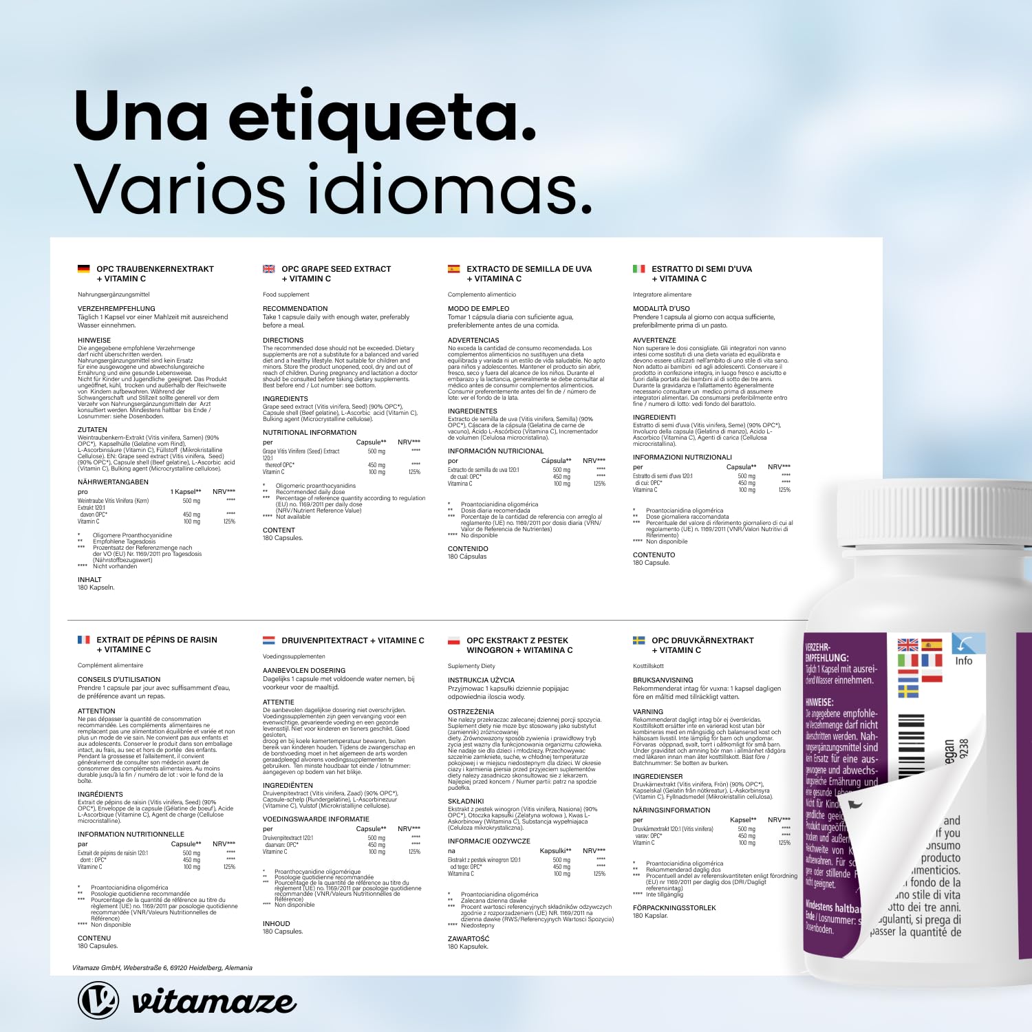 OPC Extracto de Semilla de Uva + Vitamina C, 450 mg Certificados OPC + 100 mg Vitamina C, 180 Cápsulas para 6 Meses, Suplemento Alimenticio Natural sin Aditivos, Made in Germany