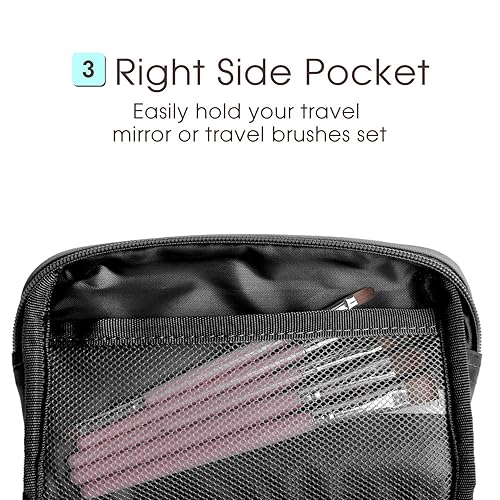 Miniatura 4 de Narwey Bolsa grande de maquillaje de cuero vegano con cremallera, organizador de cosméticos de viaje para mujeres (grande, WX-negro)