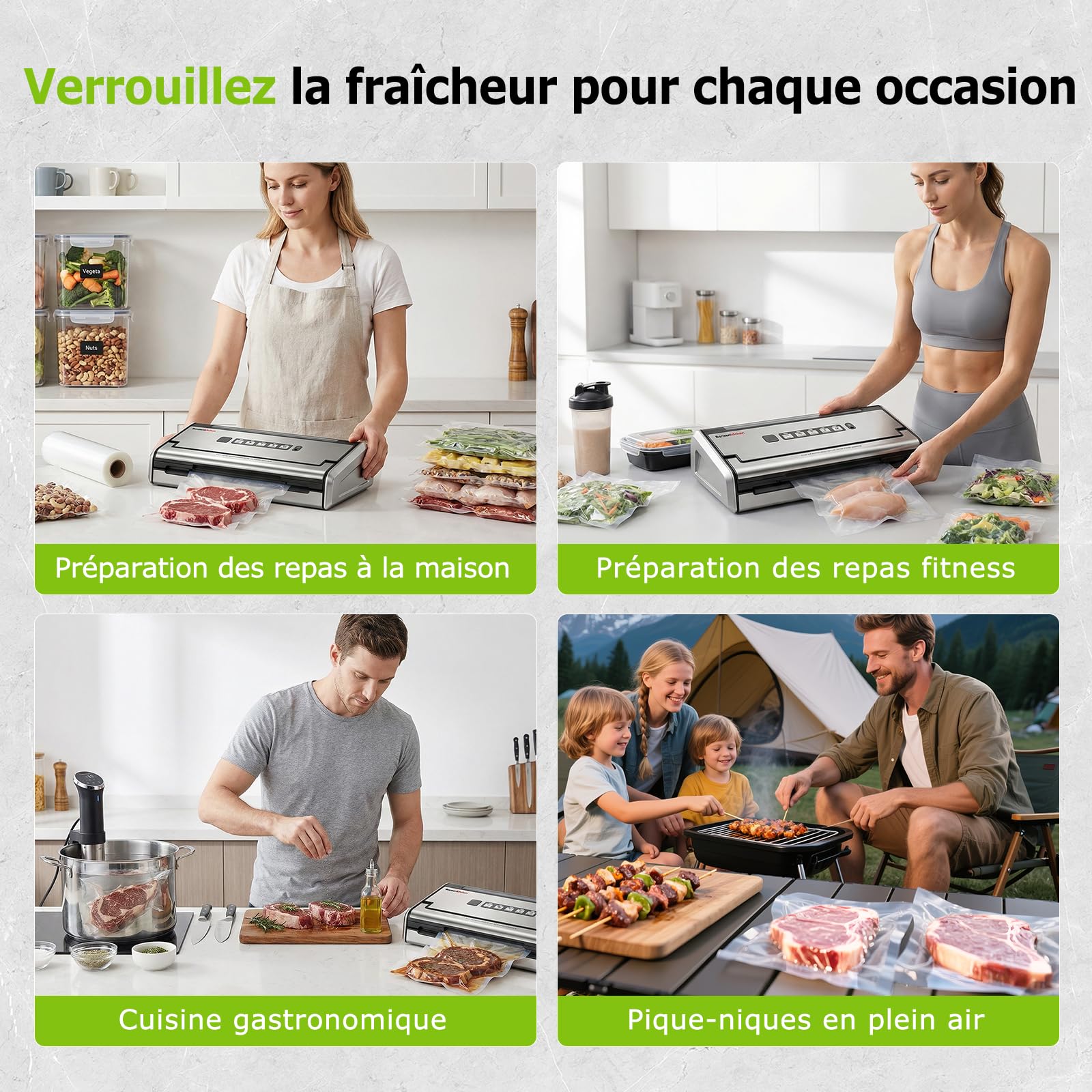 Bonsenkitchen Machine Sous Vide, Soudure Large 5mm Anti-Fuite, Acier Inoxydable, Une Main & Pulse Sec/Humide, Machine Sous Vide Haute Performance incl. 1 Rouleau & 10 Sachets, VS4200