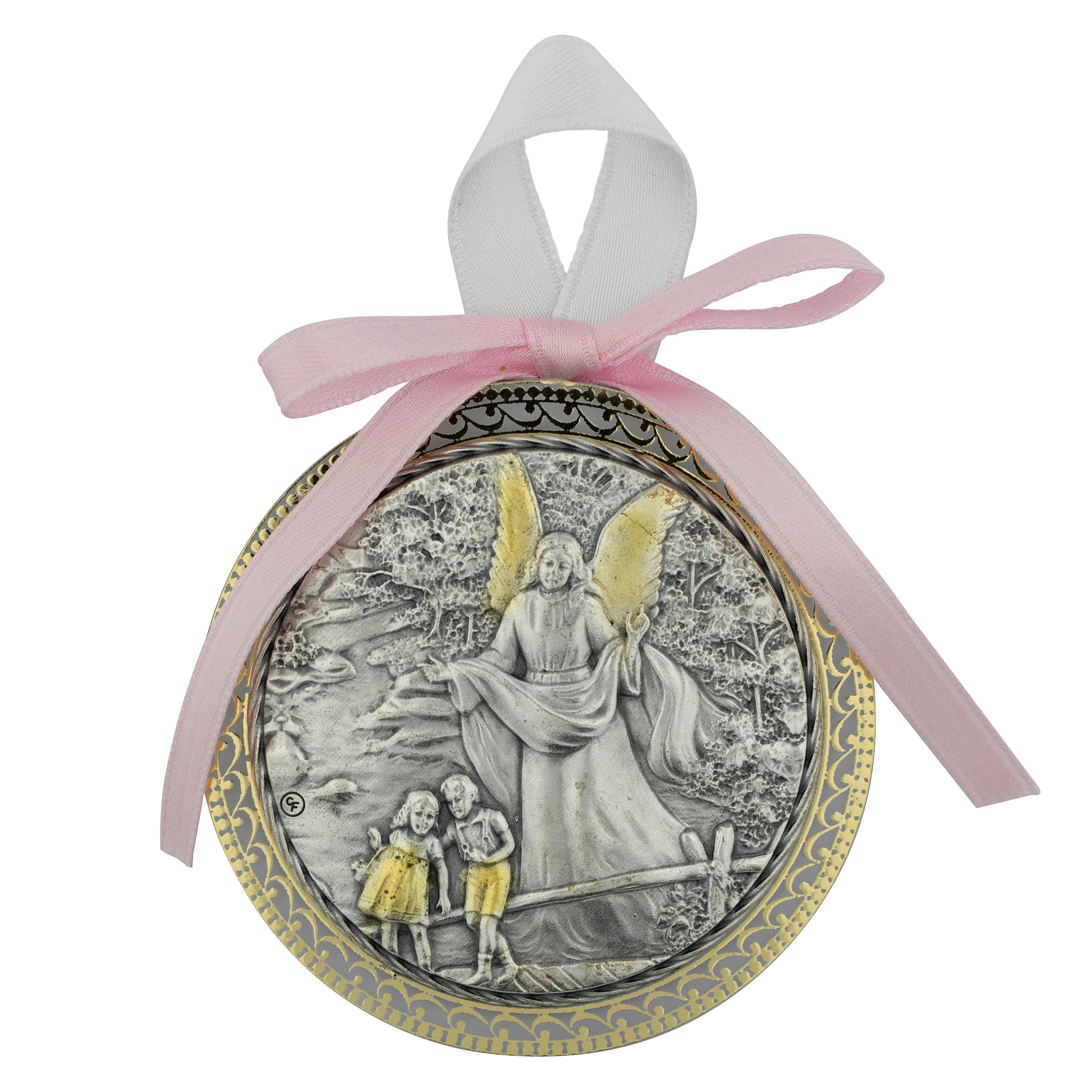 Crib Medal | Christian Religious Décor for Nursery | Great Gift for Baptism, Christening, or New Baby | Features Guardian Angel, Praying Child, or Holy Family | Made in Italy (Pink Guardian Angel)