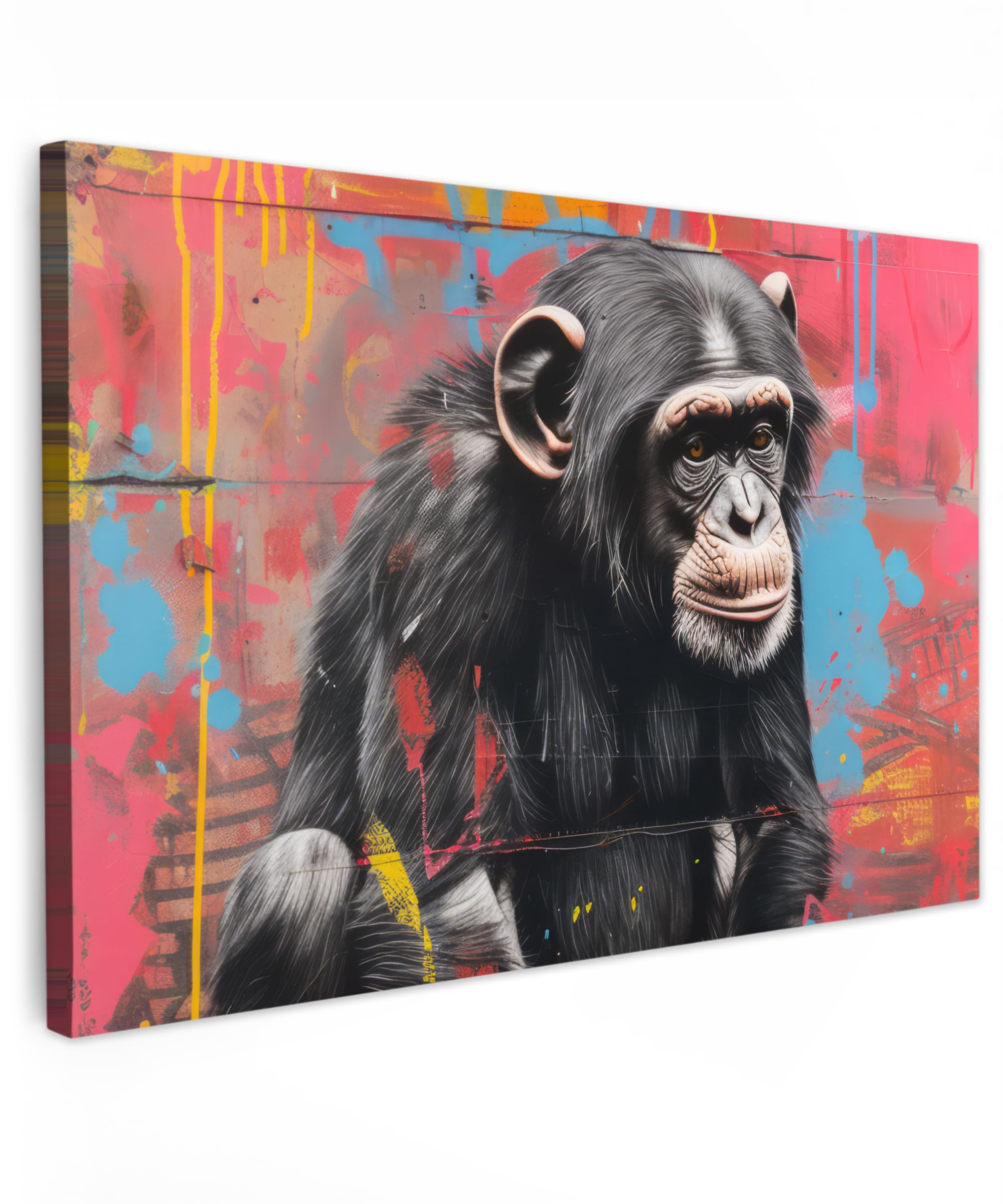 MuchoWow© Canvas Wall Art Work 12"x8" / 30x20 cm Room Decor Painting Wallfillers Picture Decoration Prints Graffiti - Chimpanzee - Animals - Street art - Banksy — image 1