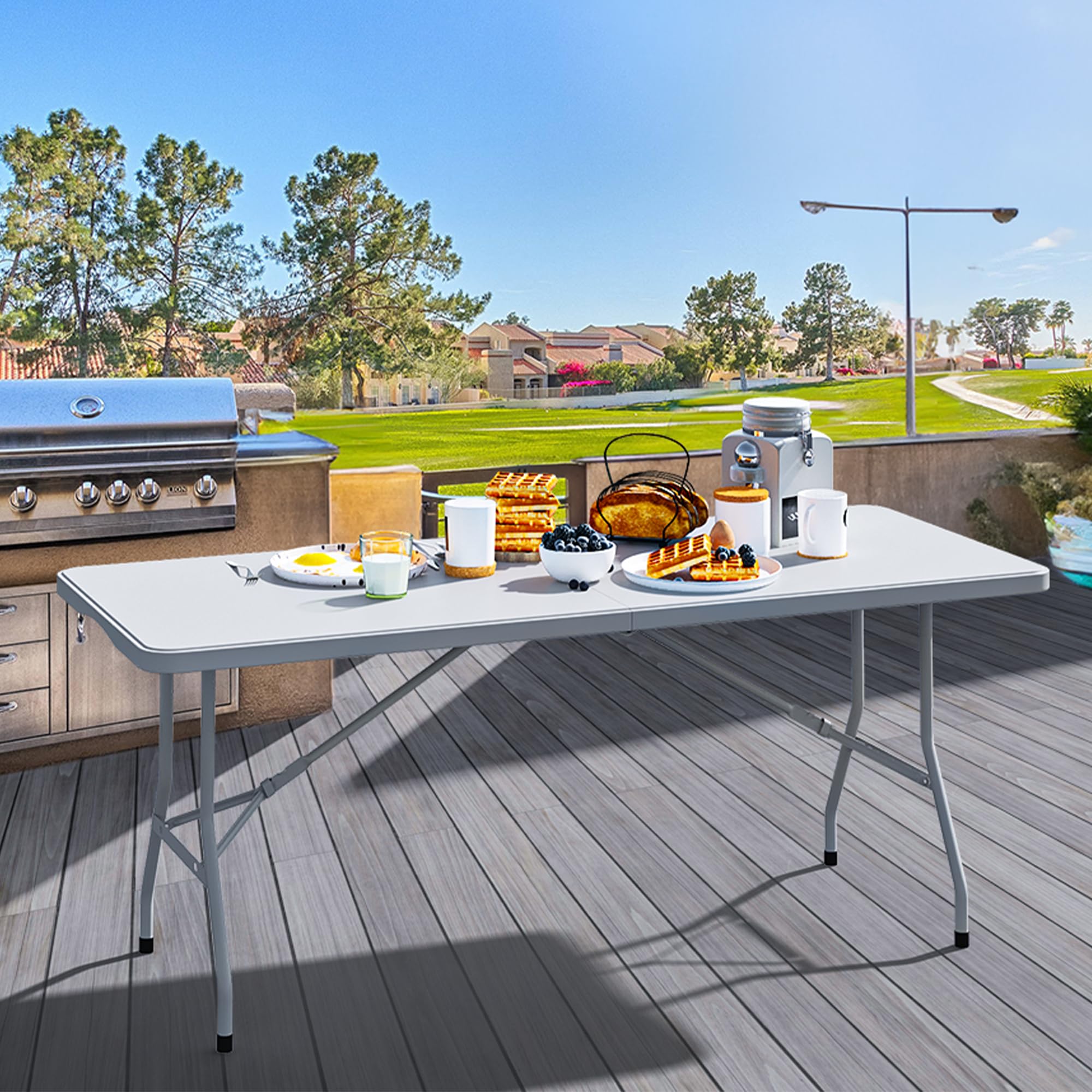 Tavolo da pranzo per giardino pieghevole Lifetime in acciaio con piano in polietilene bianco per 6 persone 76x183cm | Leroy Merlin