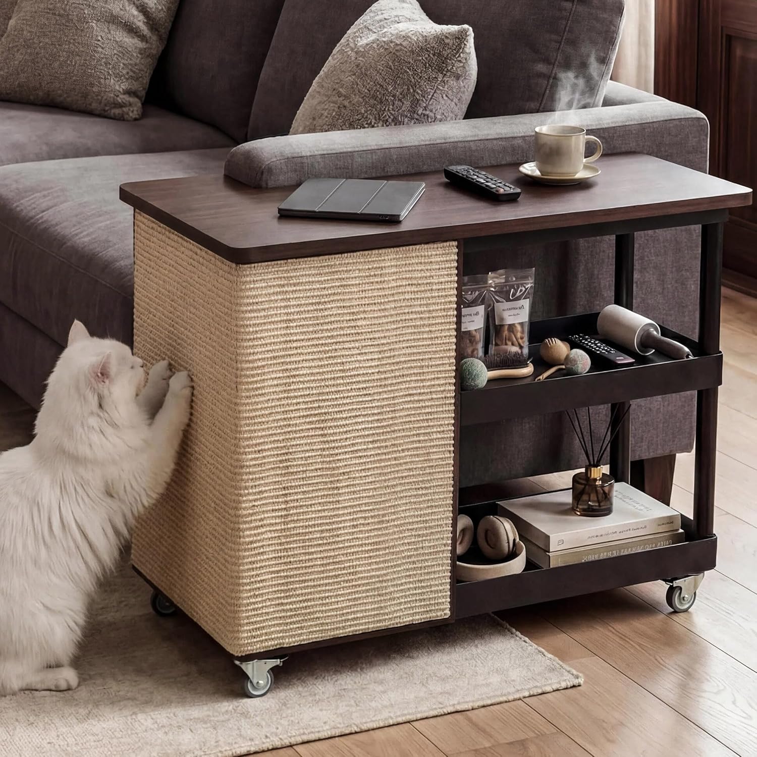 Cat Scratch Furniture Protector, Couch Protector from Cat Claws Side Table with Storage Cabinet & Wheels, 12.6''Wooden Sofa Narrow End Table with Cat Scratch Panel for Living Room (Walnut, Left)