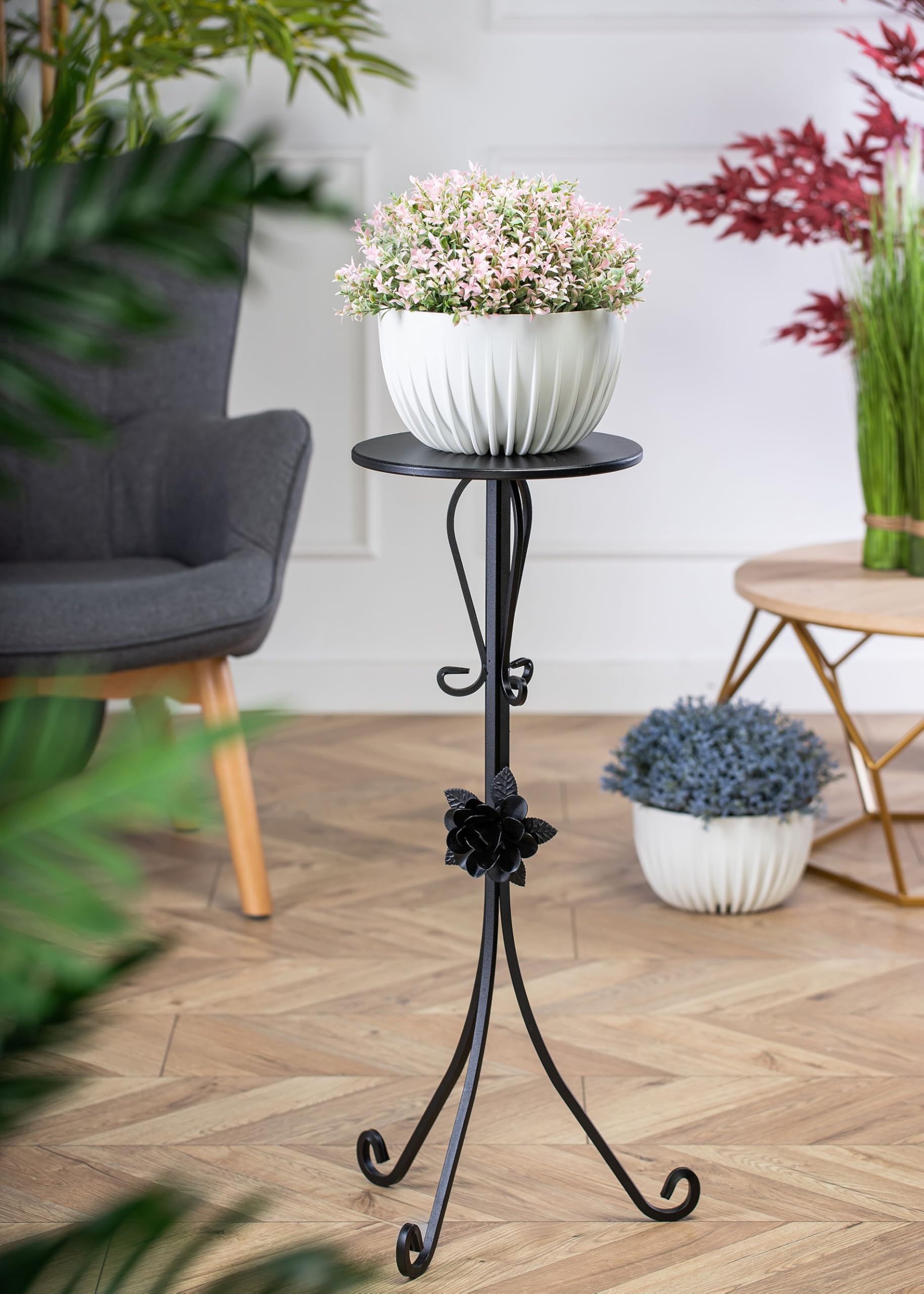 Portavaso rotondo in metallo, altezza 75 cm, realizzato a mano, in metallo, con elementi decorativi, supporto per fiori per il soggiorno e la camera da letto