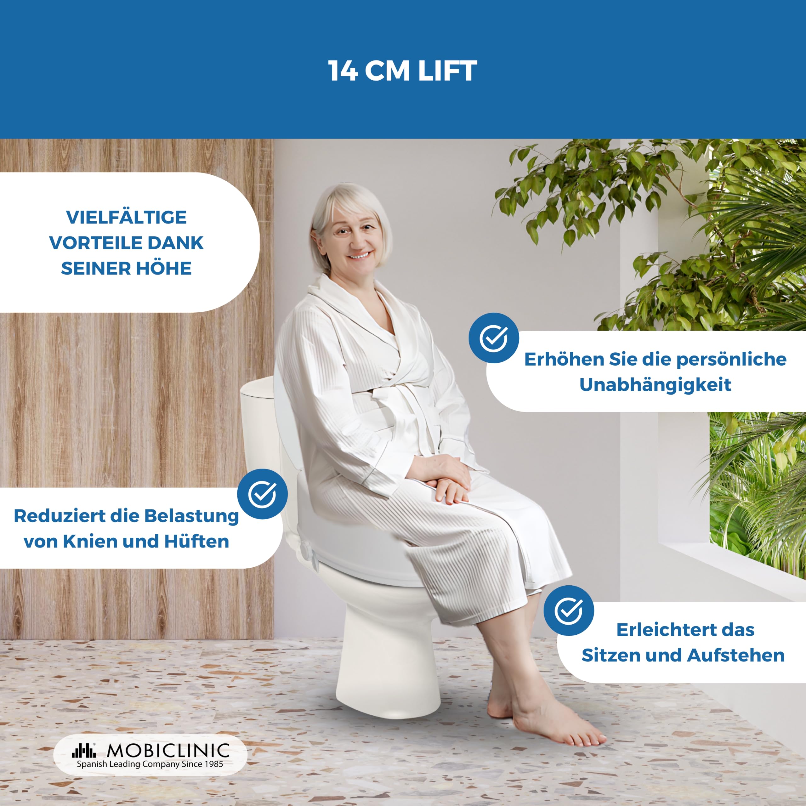 Mobiclinic®, Toilettensitzerhöhung mit Deckel, 14 cm Höhe, Höhenverstellbar, WC Sitzerhöhung für Senioren und Erwachsene, Ergonomischer Toilettenaufsatz, Rutschfest, Einfache Montage, Weiß, Titan