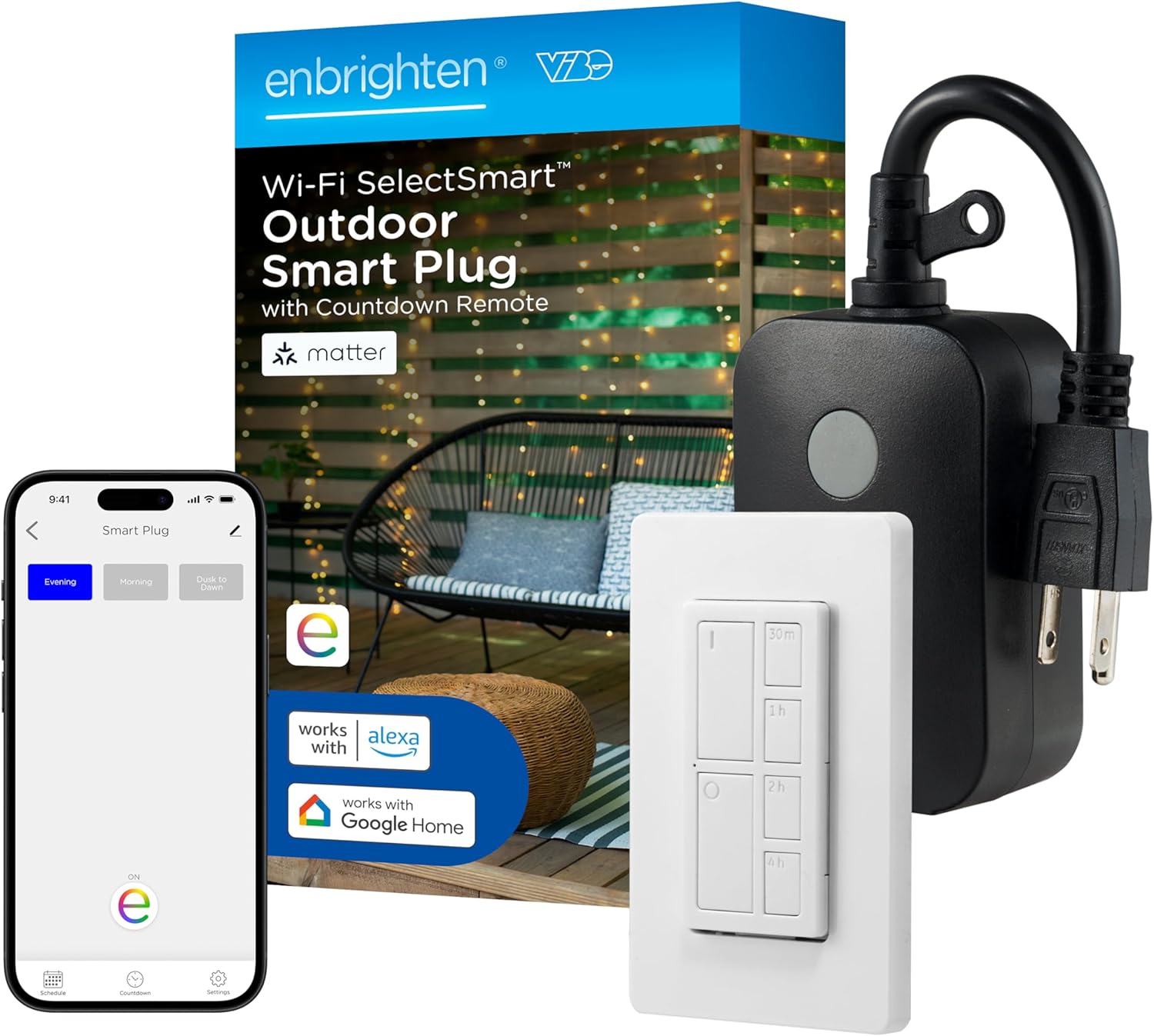 Enbrighten Vibe Smart Outdoor Plug-in Outlet, Matter, 1 Grounded Outlet, Lighting Control, Includes Wireless Countdown Remote, No Hub Required, Works with Alexa, Google Home, White, 62718 Enbrighten Vibe Smart Outdoor Plug-in Outlet, Matter, 1 Grounded Outlet, Lighting Control, Includes Wireless Countdown Remote, No Hub Required, Works with Alexa, Google Home, White, 62718