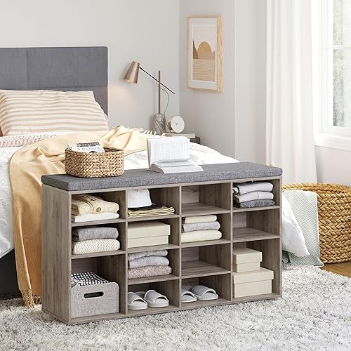 Miniatura 128 de DINZI LVJ Banco organizador de zapatos con cojín, zapatero de 9 cubos y estantes ajustables, multifuncional, para salas de estar, dormitorio, Gris