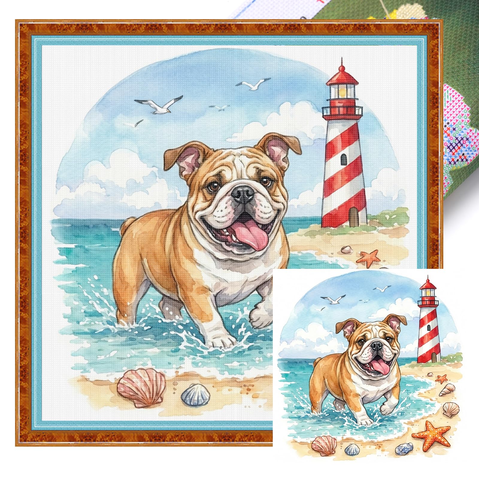 Poetrydraw English Bulldog Bulldog On The Beach Full 14Ct Diy Stamped Cross Stitch Kits 11.81X11.81inch Embroidery Needlepoint Starter Kits For Beginners Adults Home Decor (English Bulldog)