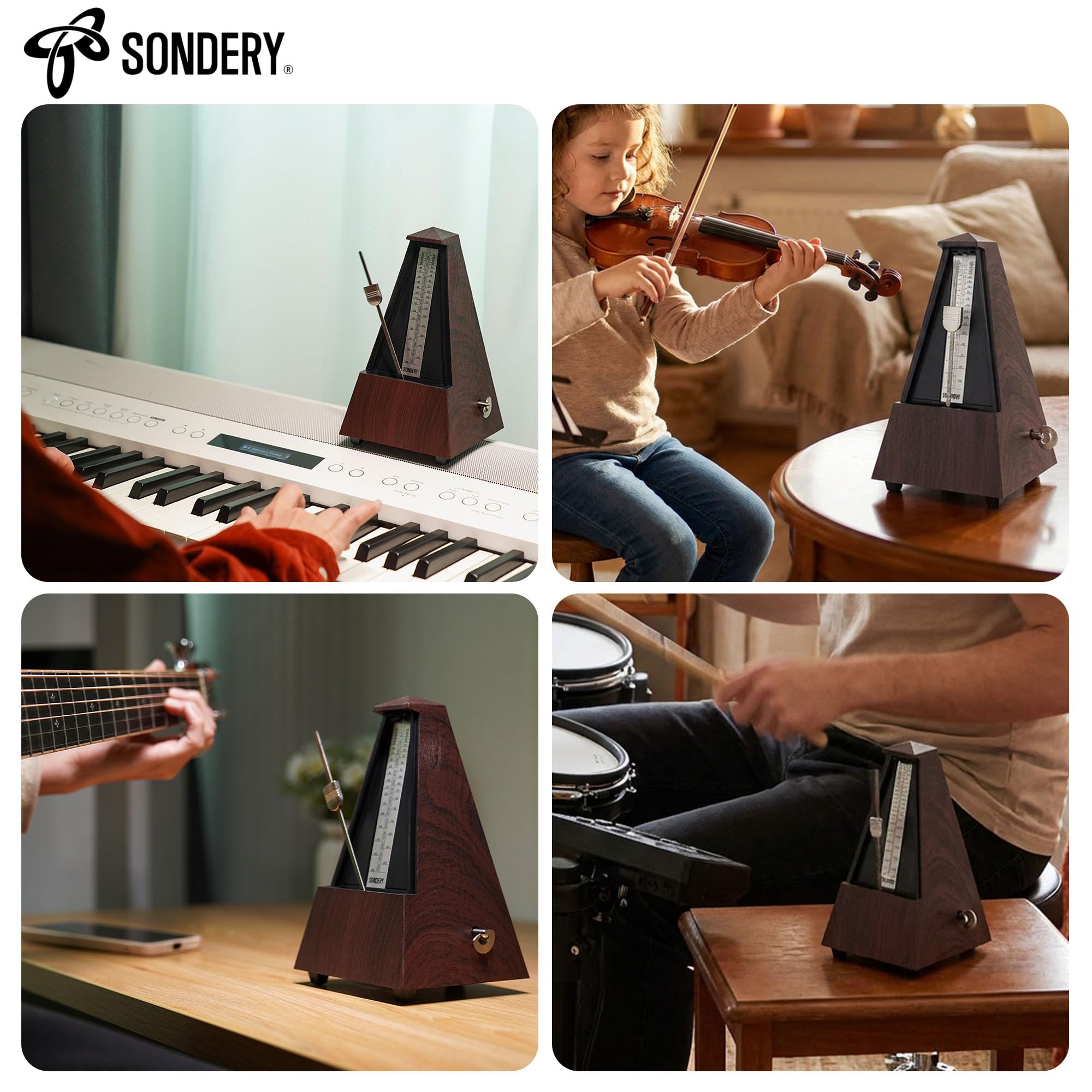 Sondery Metrónomo mecánico clásico con campana para piano, guitarra, tambor, violín, saxofón, todos los instrumentos, rango de tempo 40-208 bpm, Beats 02346, caja ABS de grano de madera negra con