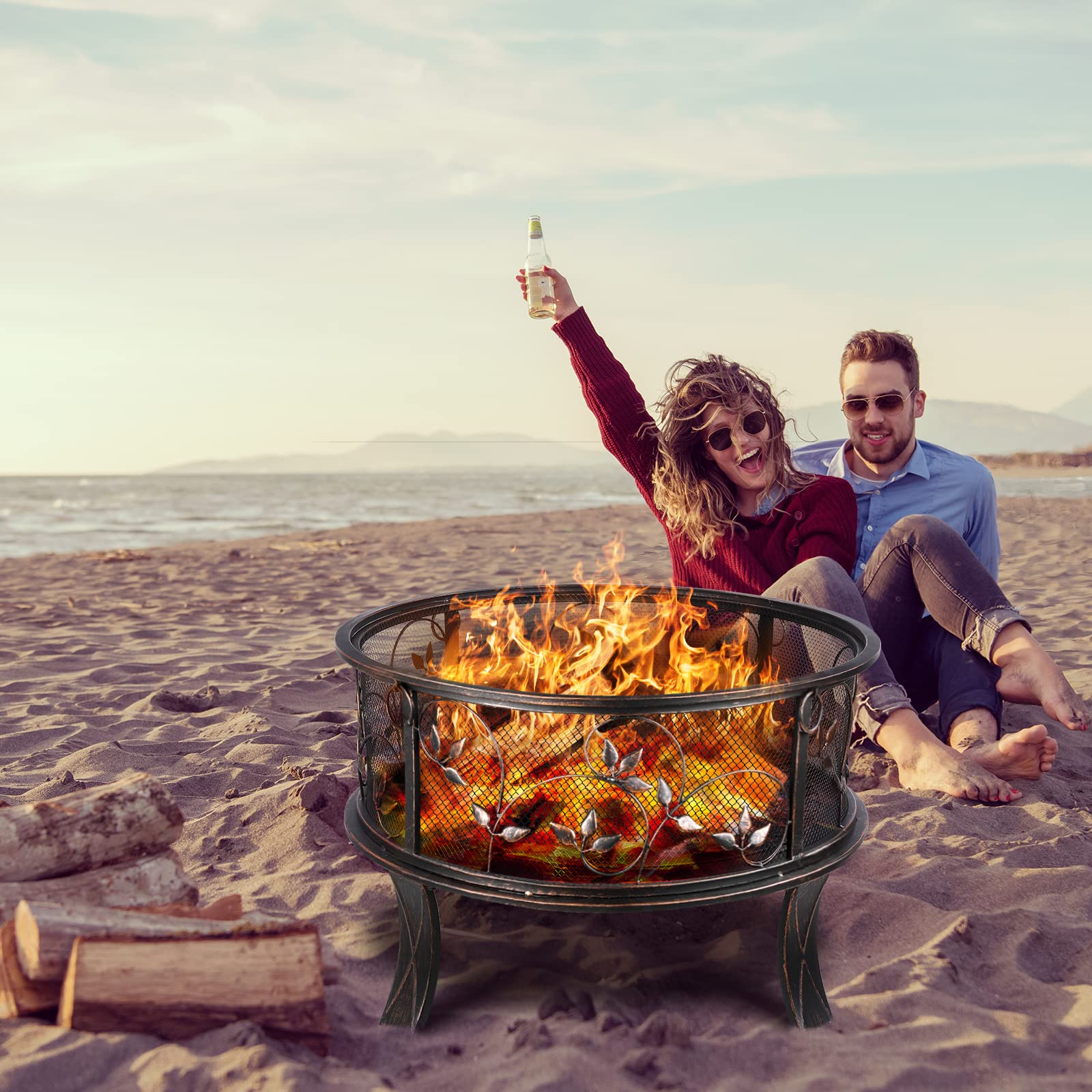 Braciere da giardino, braciere con parascintille, effetto retrò, con griglia per poker e carbone, riscaldamento in inverno, 4 PCS piede, motivo erba, Ø 71 x 65 cm, per giardino, campeggio, spiaggia