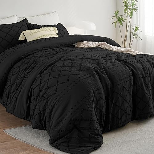 ELNIDO QUEEN Juego de edredón bohemio copetudo, tamaño Queen, juego de edredón de 3 piezas negro suave para todas las estaciones, juegos de ropa de