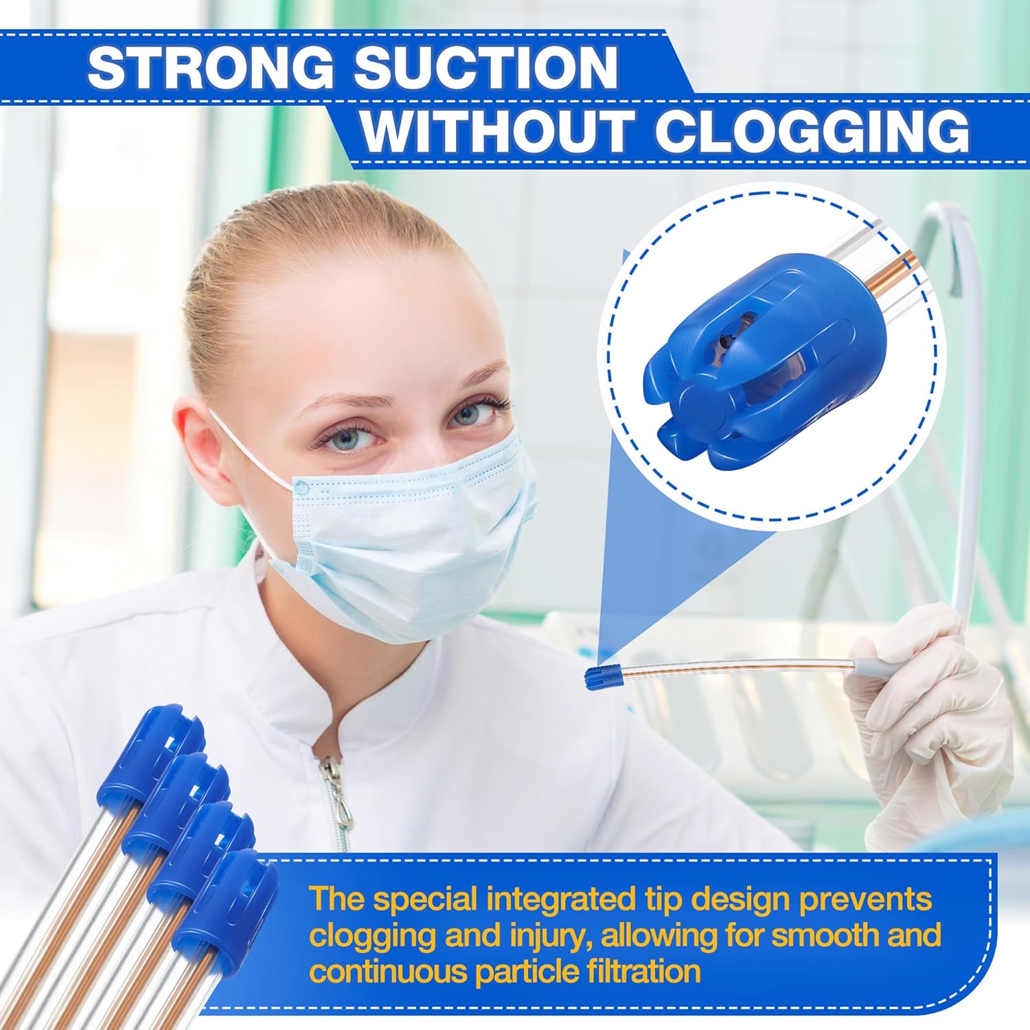 Geiserailie 200PCS Dental Saliva Ejectors Disposable, Dental Evacuation Suction Tips, Saliva Aspirator Tube, Flexible Clear Tube with Blue Tip, Material Safety, for Dentists Medical Students