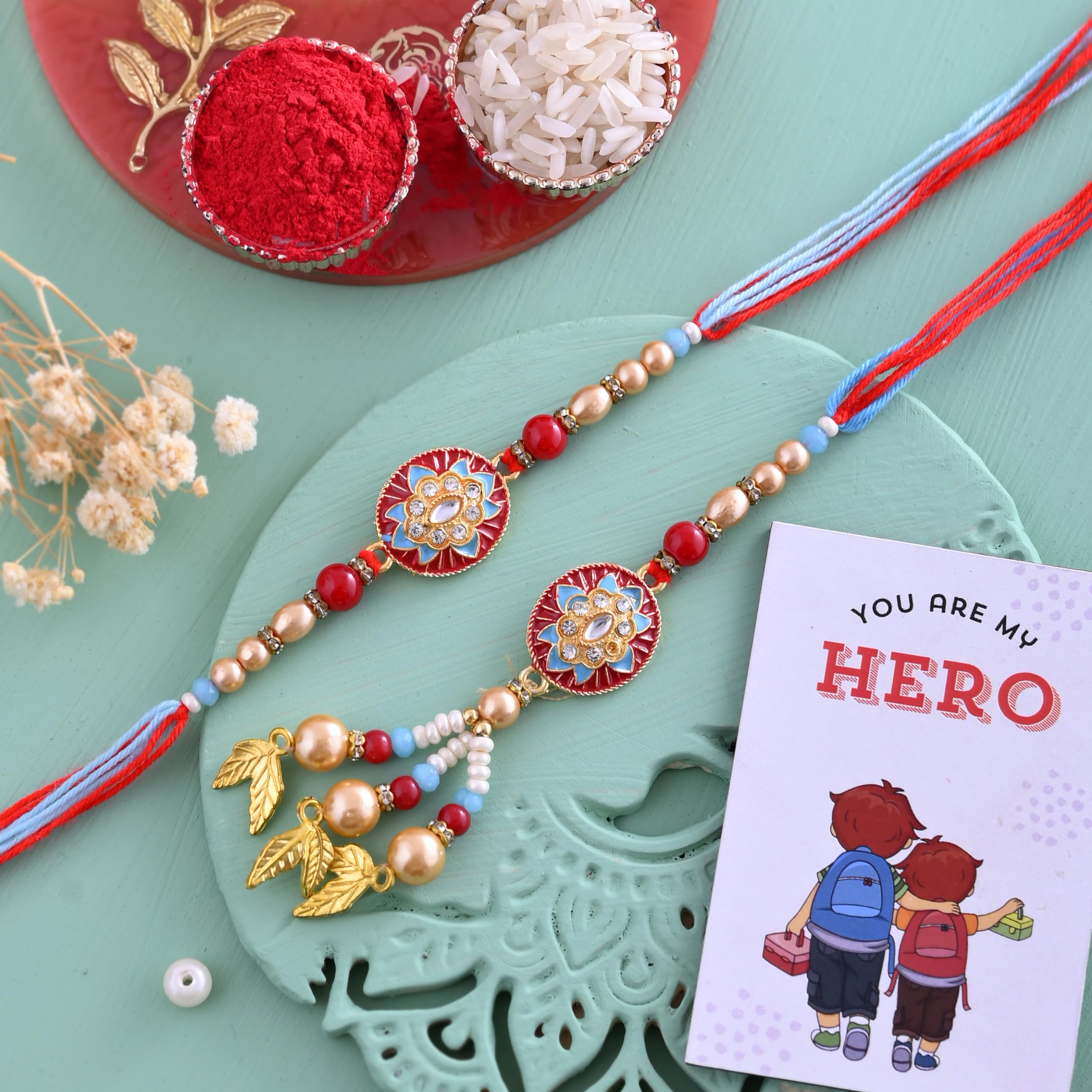 ascension Couple Rakhi for Bhaiya Bhabhi Raksha Bandhan Set Bhai Sister In Law Bracelet with You are My Hero Fridge Magnet & Roli Tilak-picture-14