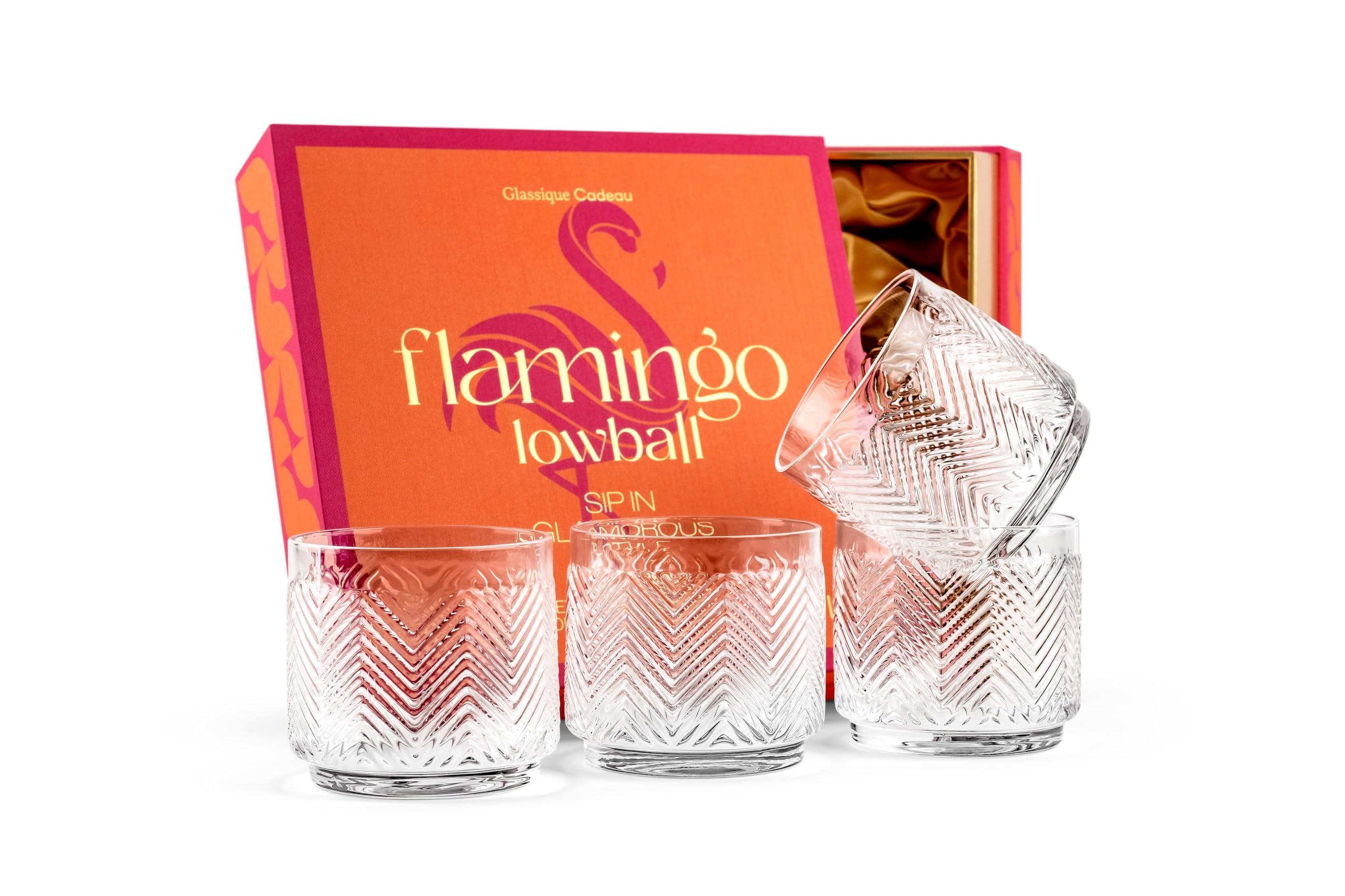 Vintage Flamingo Lowball Cocktail Glasses | Tropical Chic Glassware Collection | Set of 4 | 11 oz Stackable Thick Crystal Short Tumblers for Drinking Rum, Whiskey, Gin, Vodka Bar Drinks