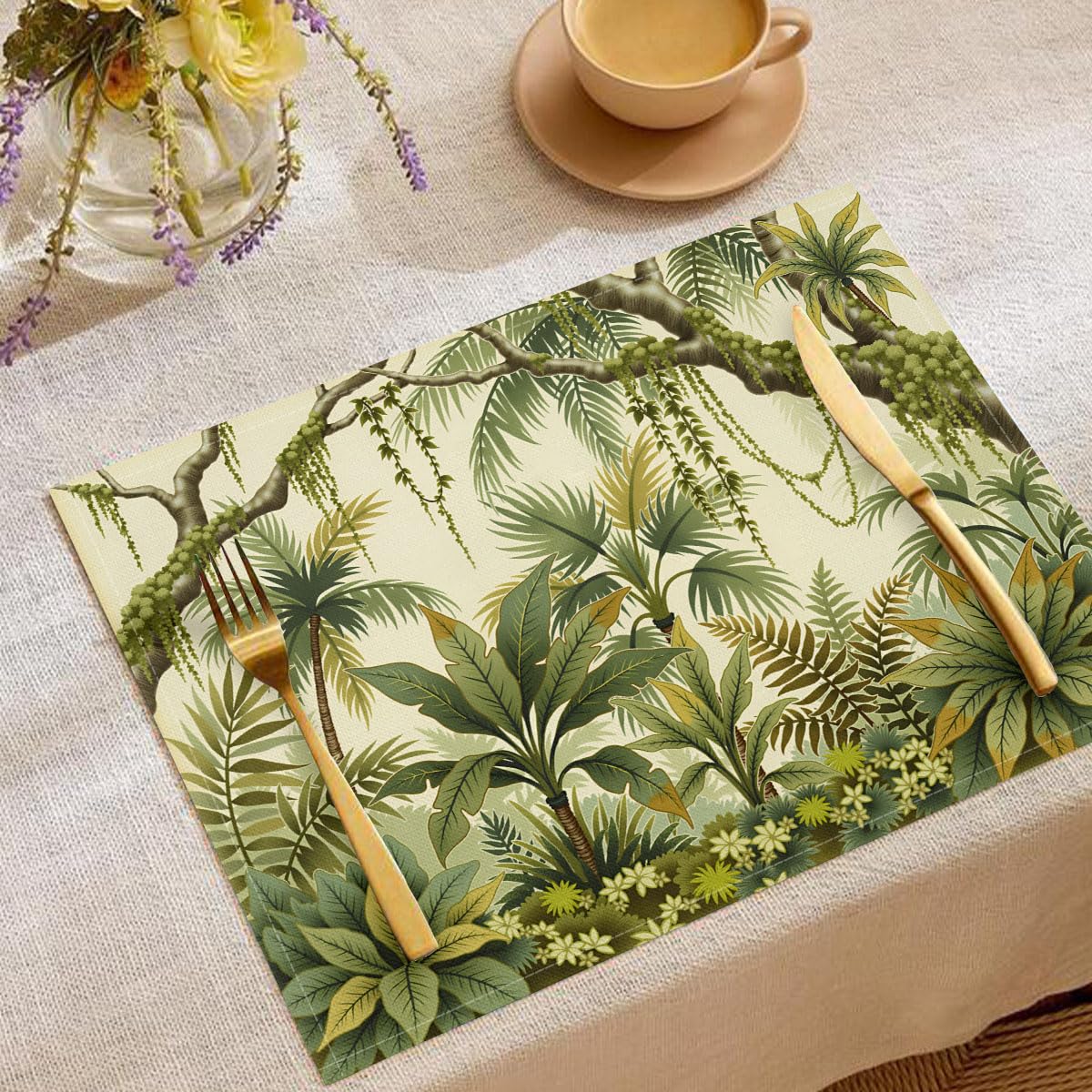Set de table vert pour décoration de fête et repas en salle à manger au motif forêt tropicale