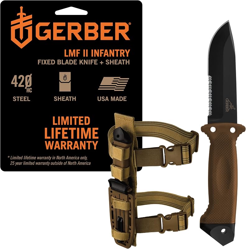 Gerber Gear LMF II Cuchillo de supervivencia de infantería, fabricado en Estados Unidos, hoja fija táctica de grado militar con borde dentado, mango amortiguador, funda Molle y afilador, color marrón coyote