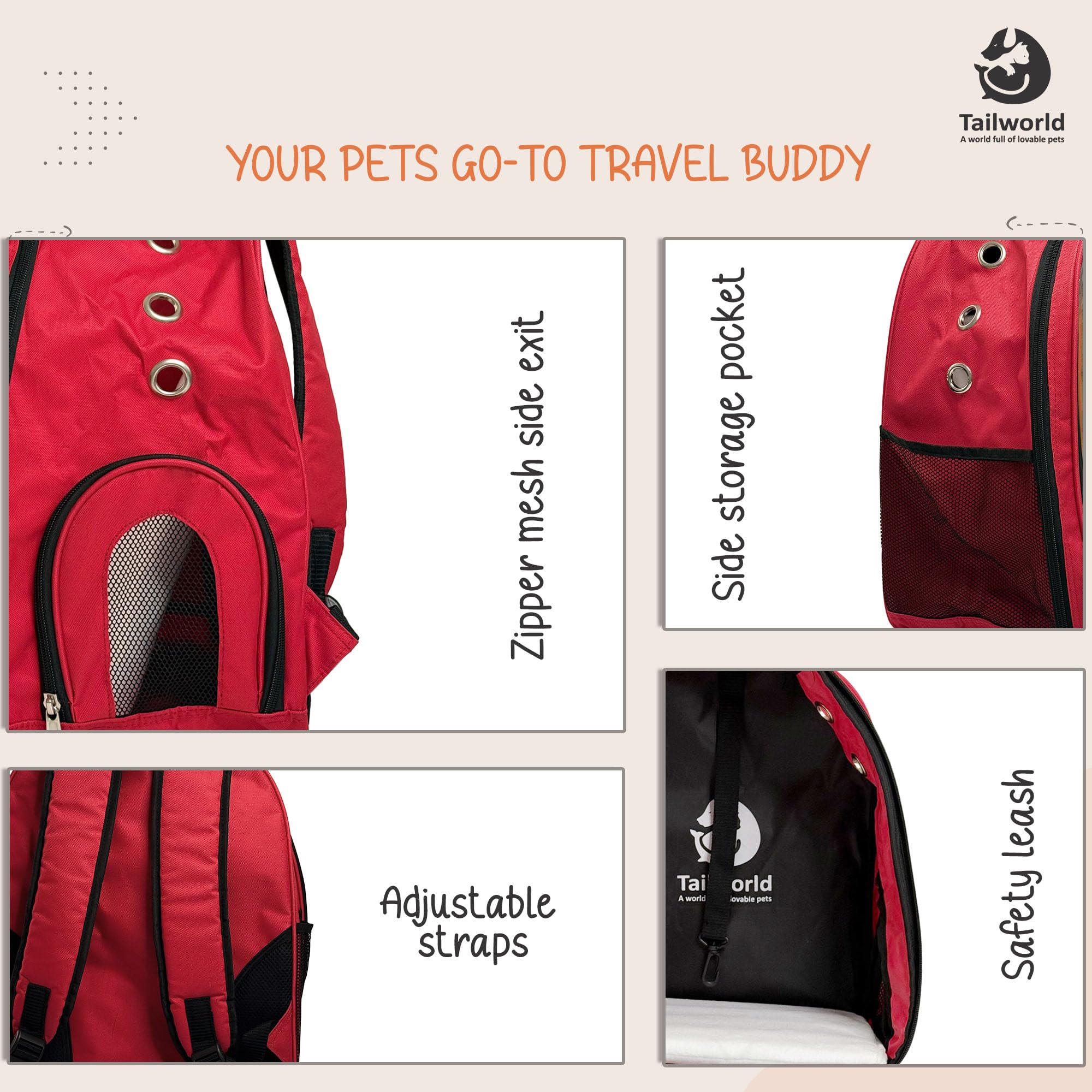 Tailworld Portable Pet Carrier Backpack for Cats & Small Dogs – Transparent Window, 9 Air Vents, Breathable Mesh, Built-in Safety Leash, Lightweight Travel Bag for Outdoor & Travel (Red) 3