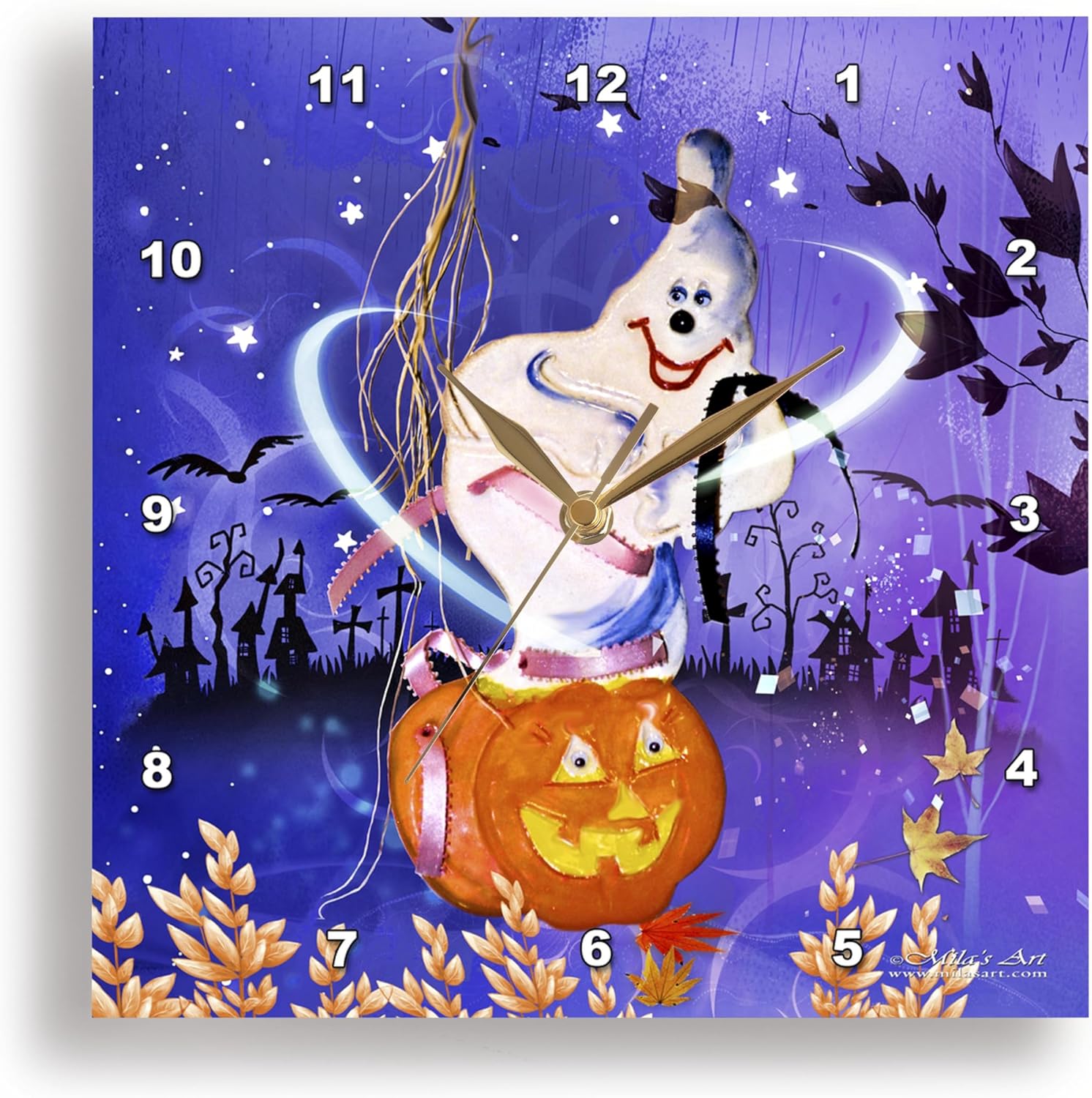 3dRose Wall Clock Silent - 15 inch - Halloween Ghost and Pumpkin - Milas Art Halloween