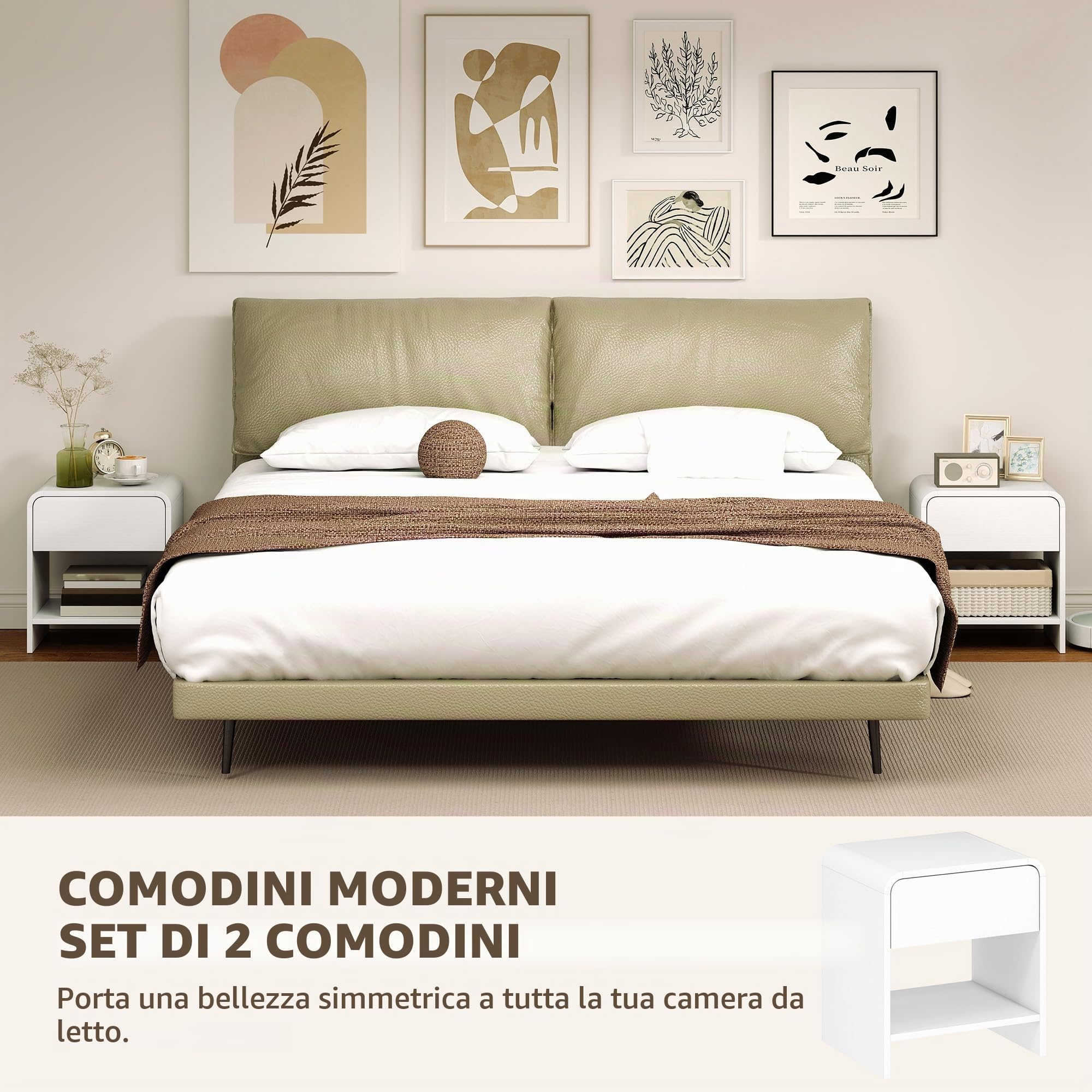 HOMCOM Comodino 2 pz., angoli arrot., cassetto, cam. letto, Bianco Usato